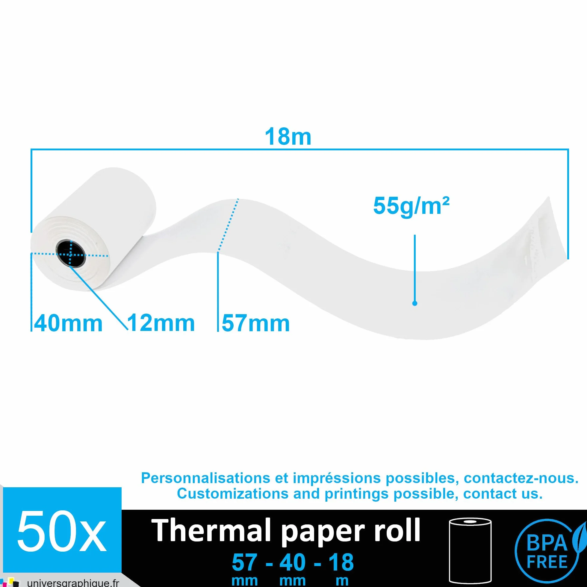 50 Rotoli di Carta Termica 57 x 40 mm per Stampare Scontrini Carta Bianca di Alta Qualità