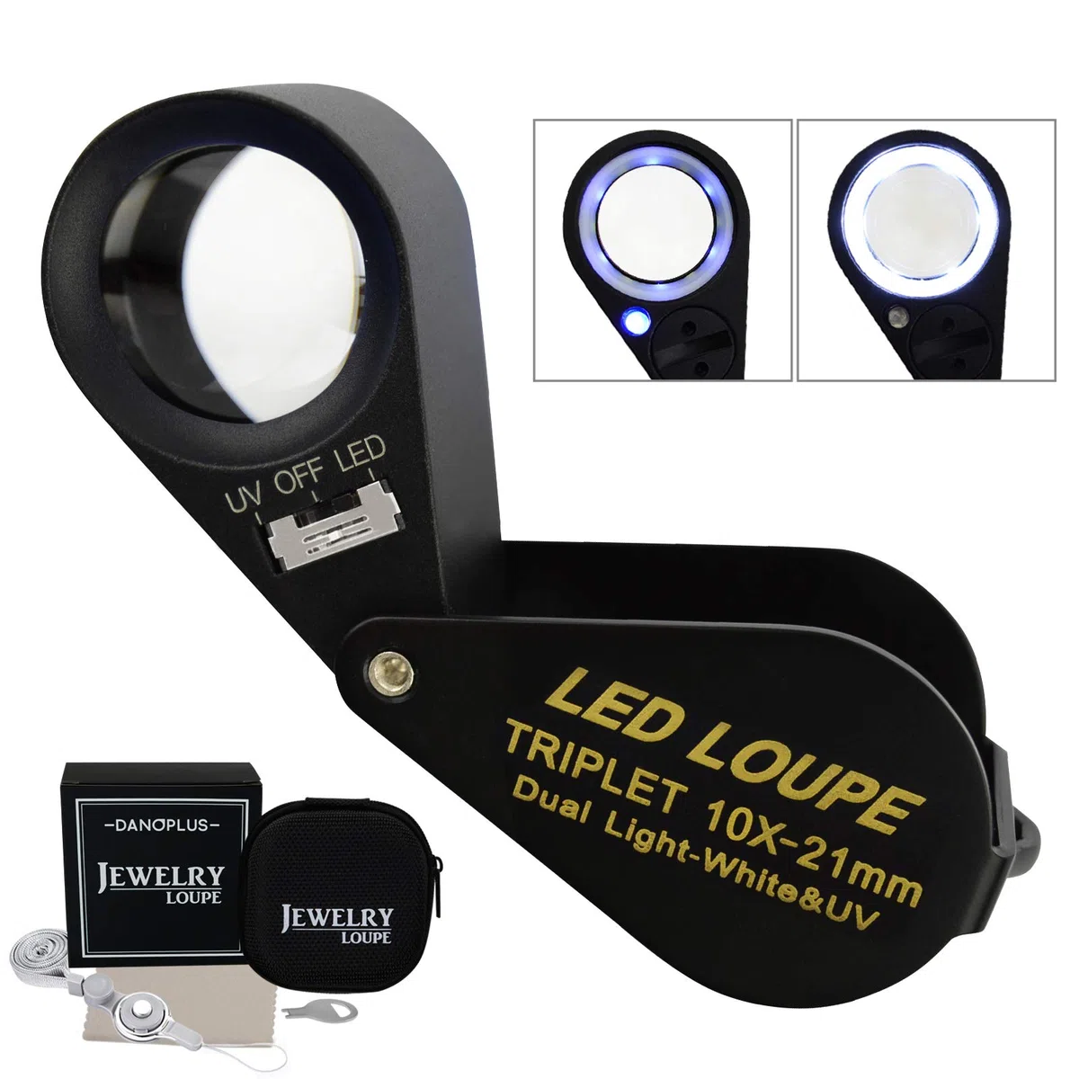 Lente di ingrandimento per gioielli 10x con LED UV, lente tripla da 21 mm, vetro ottico, strumento di ingrandimento tascabile per gioiellieri, filatelici e numismatici