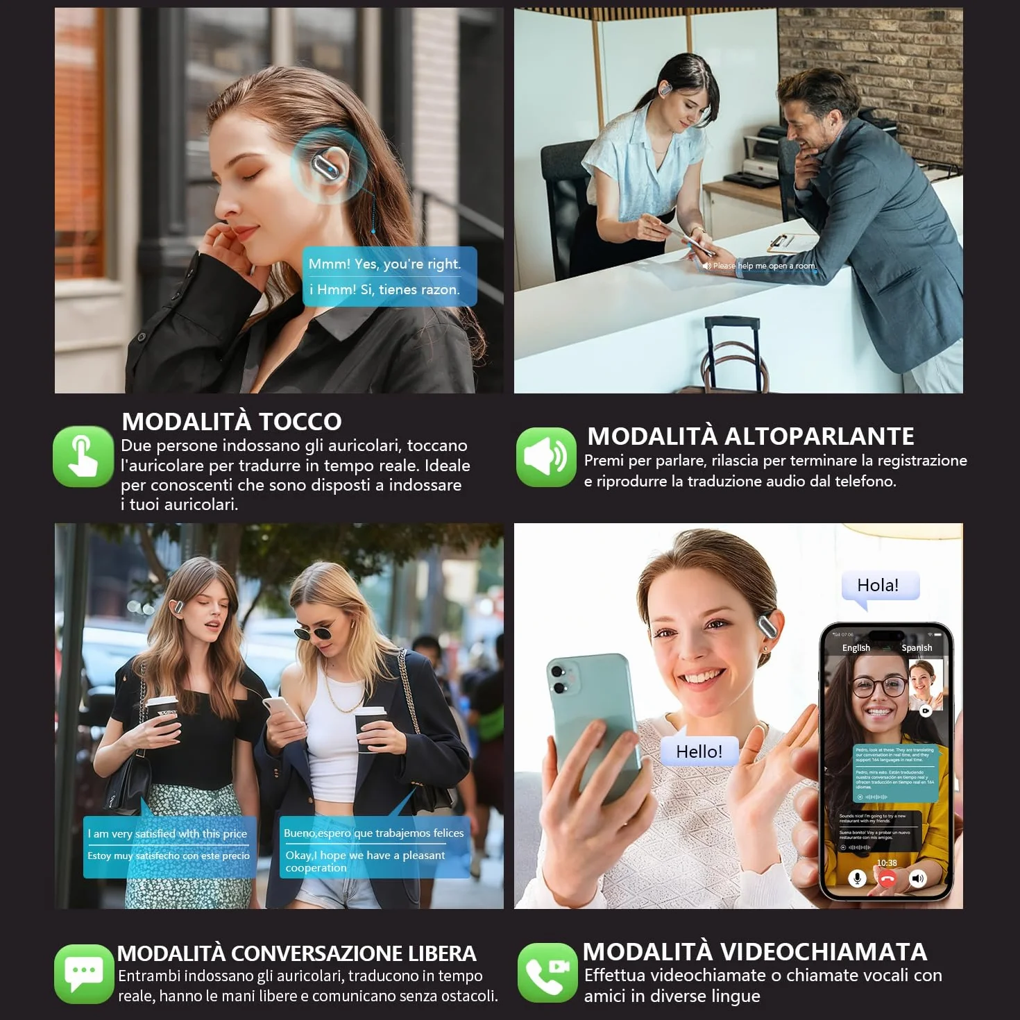 AI Cuffie Traduzione 4-in-1 in 188 Lingue Bluetooth 6.1 Auricolari Cuffiette Traduttore Istantaneo Vocale,Open Ear 60 ore Cancellazione Rumore ENC,IPX7 Traduttori Istantanei Vocali per Affari, Viaggi