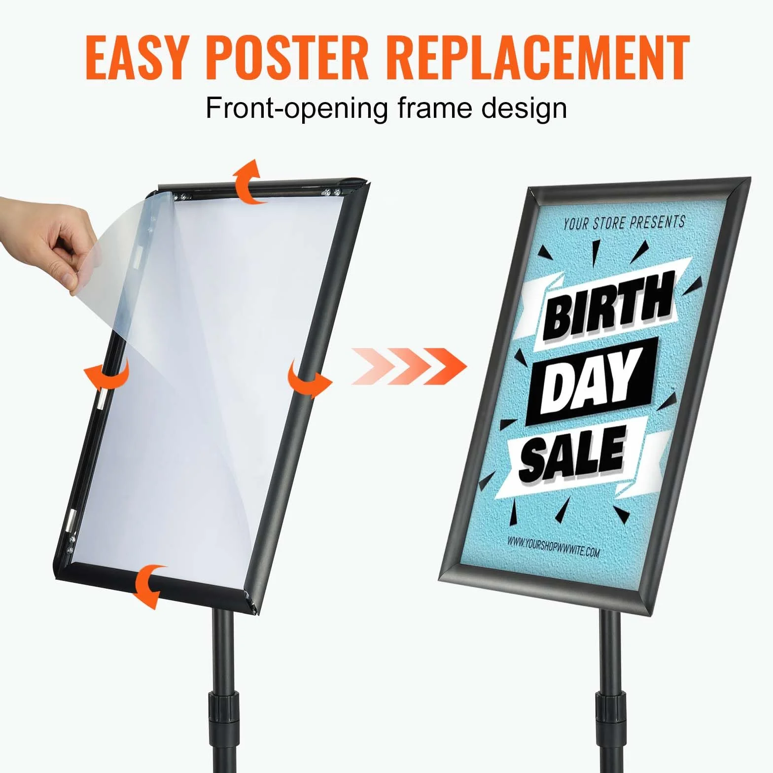 VEVOR Supporto per Insegne su Piedistallo, Supporto per Poster Regolabile da 420 x 297 mm, Piedistallo Porta Insegne Girevole 360° da Pavimento per Eventi Matrimonio Festa Conferenza Interno Esterno