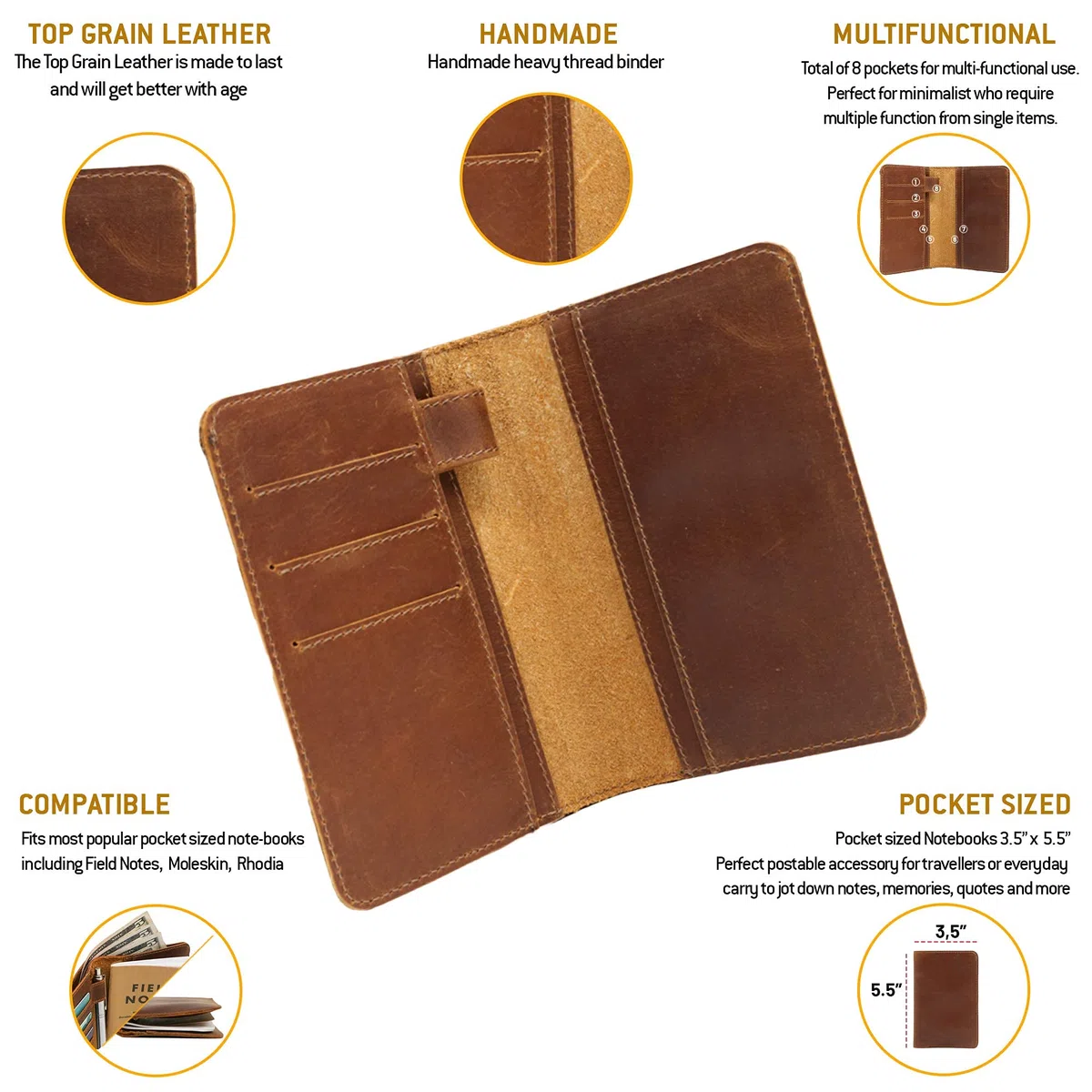 Jack's Point Custodia per quaderni in pelle, formato tascabile, adatta per 8,9 x 14 cm, scomparto separato, vera pelle goffrata, tasche multiple per una maggiore funzionalità e passante per penna