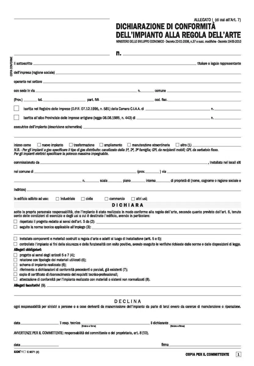 EDIPRO - E9071 - Dichiarazione conformità impianto (allegato I) imprese installatrici 5 copie Snap f.to 29,7x21 conf. da pezzi 100