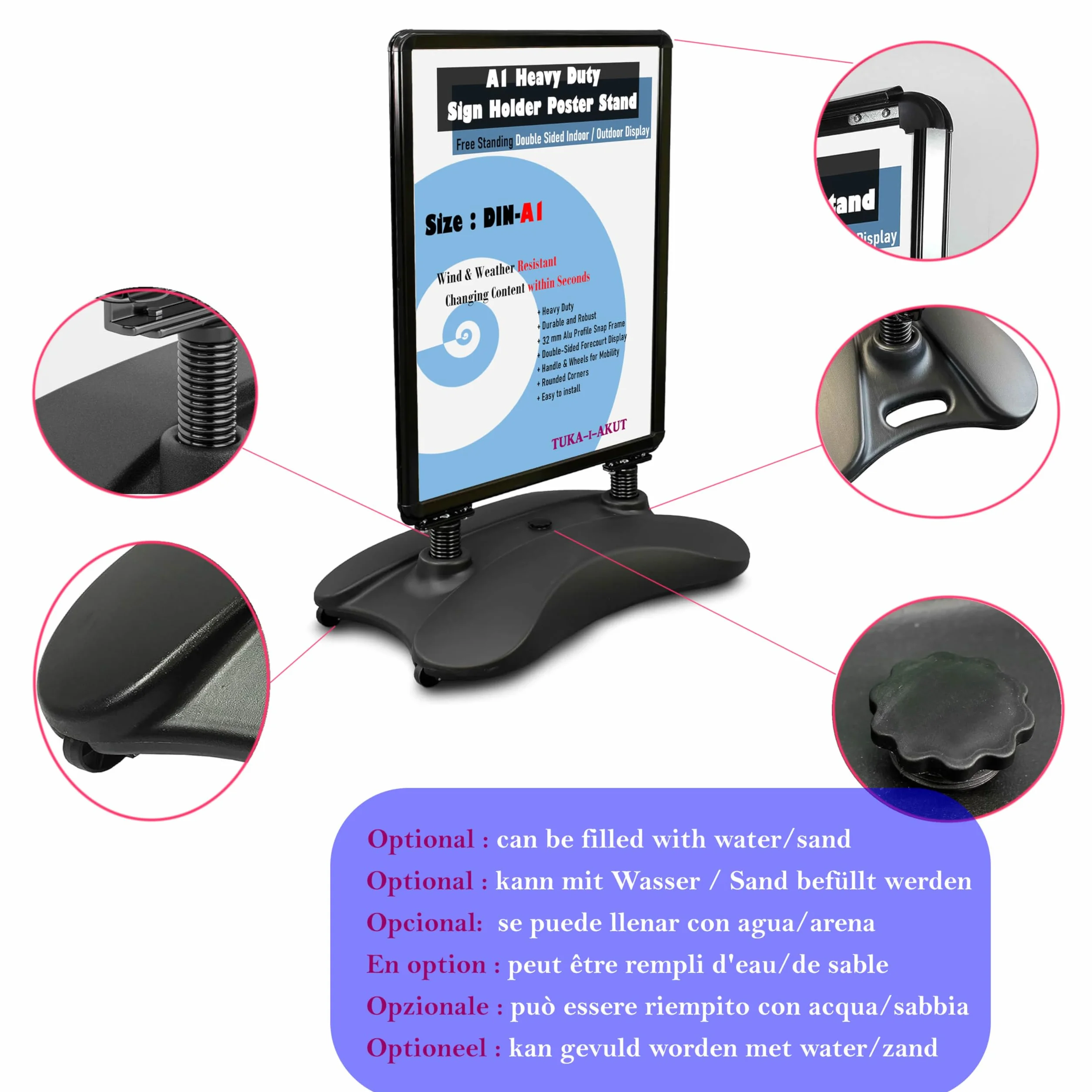 TUKA-i-AKUT A1 Supporto per Poster Bifacciale, Base Resistente con Ruote e Serbatoio, Alluminio Telaio, Cavalletto Espositore Pubblicitario per Una Posizione Sicura Interni ed Esterni, TKD8425 Nero