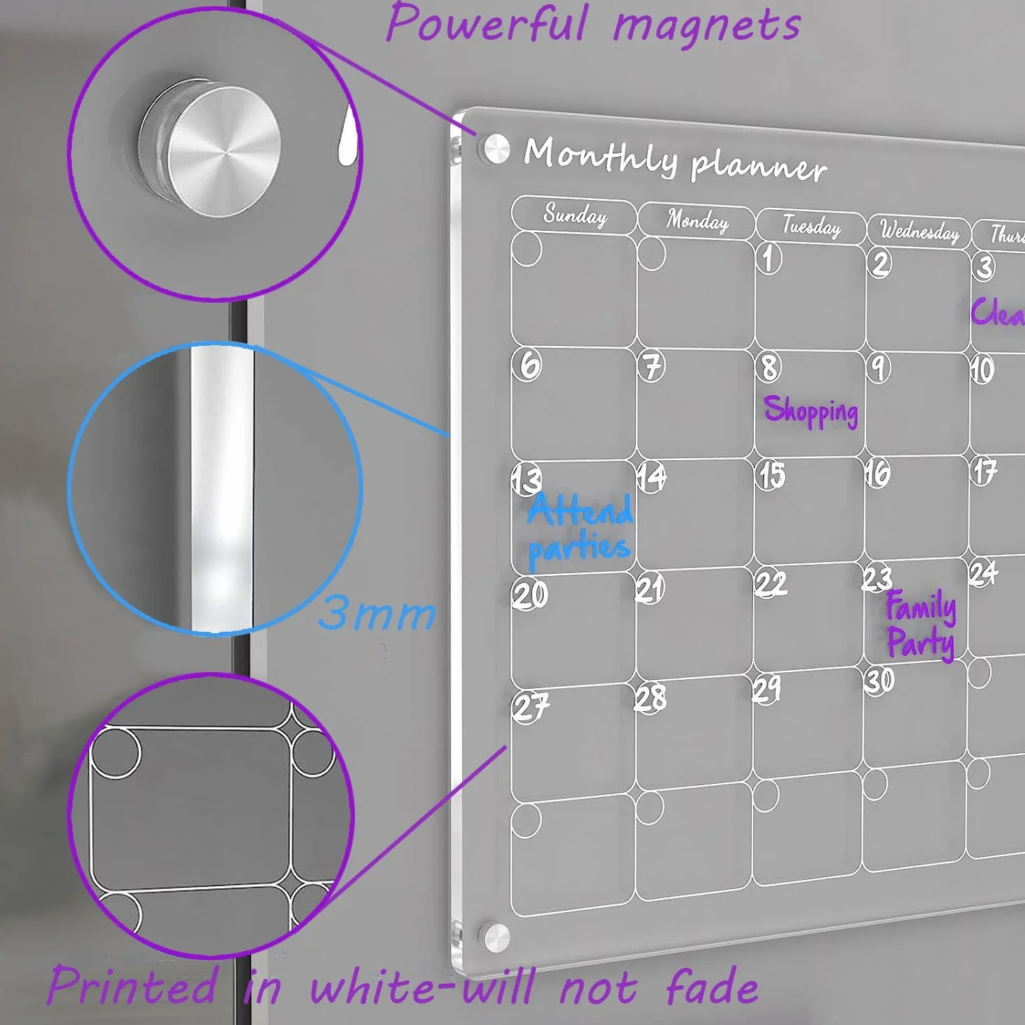 Trasparente Lavagna Calendario Magnetico Frigorifero,Calendari a cancellazione magnetica acrilica, scheda magnetica a secco per frigorifero, scheda di pianificazione mensile e settimanale