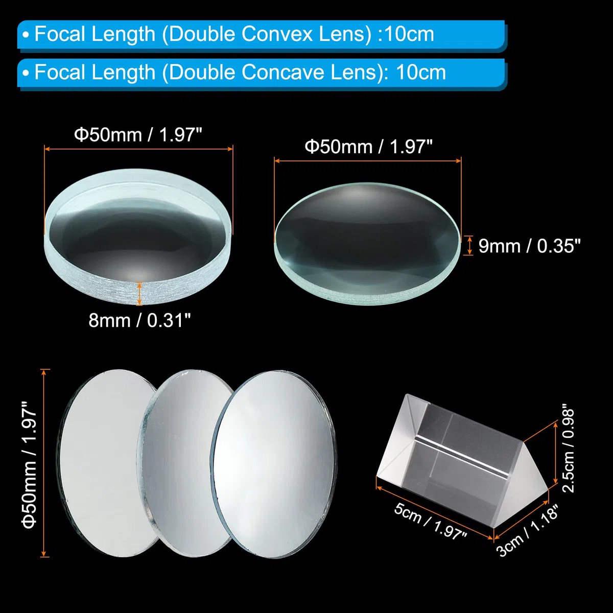 PATIKIL Set Lenti Ottiche, 6Pz Lente Biconvessa, Lente Biconcava, Lente a Prisma, Specchio Convesso, Specchio Concavo, Specchio Piatto Per Insegnamento Fisica, Trasparente