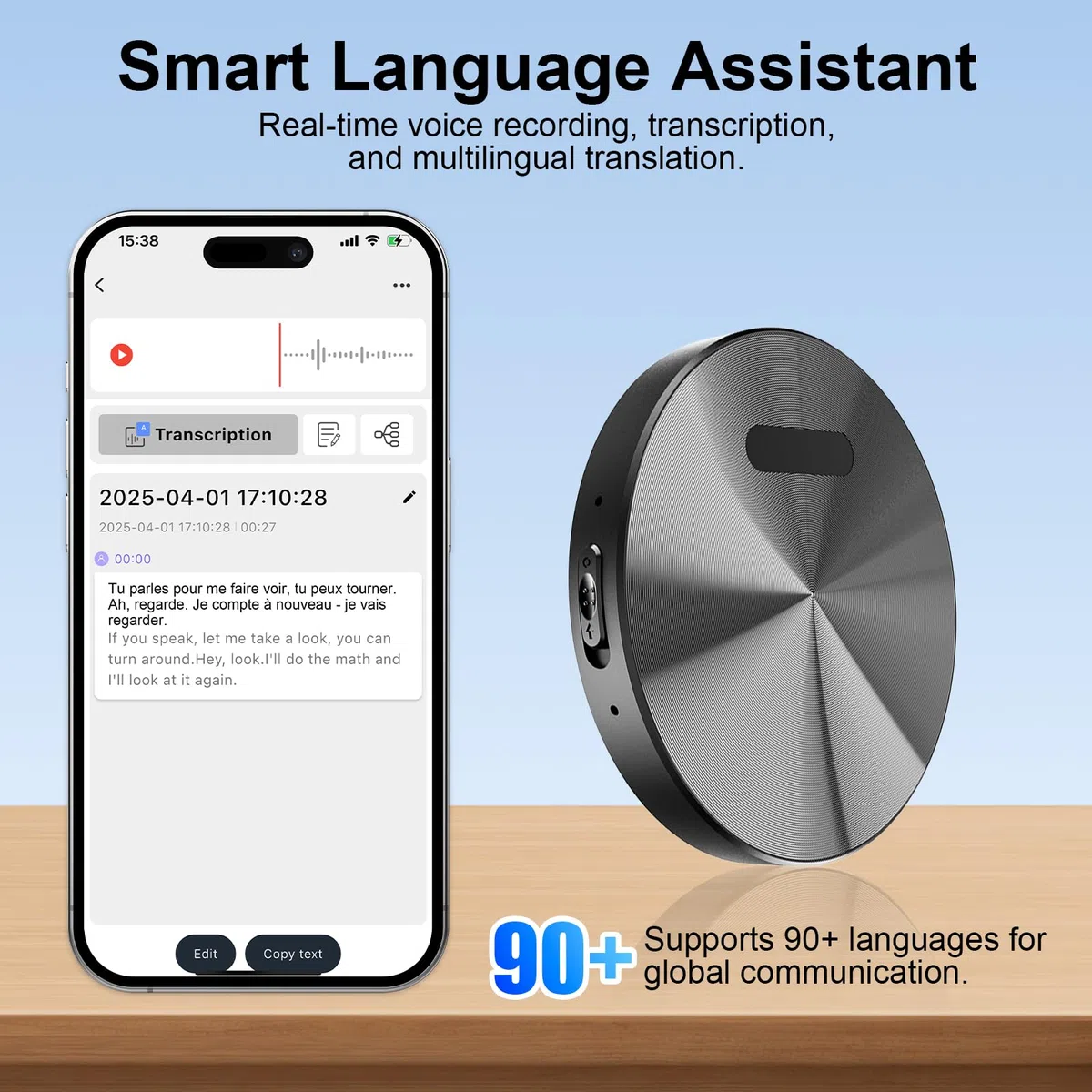 Registratore Vocale AI - Mini Registratori Vocali Digitali Professionale Magnetico con Trascrizione e Traduzione in Tempo Reale, App Controllata, Riduzione Rumore Compatibile con Android/iOS