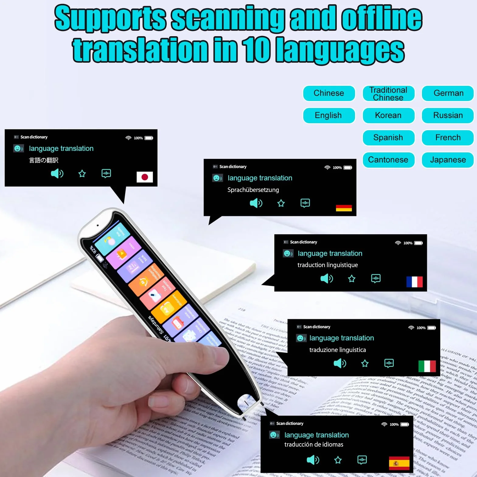 Penna Scanner Traduttore con OCR - Traduzione Istantanea 142 Lingue, Touchscreen LCD, Offline/Speech-to-Text, Ideale per Dislessia, Studio/Viaggi (Bianco)