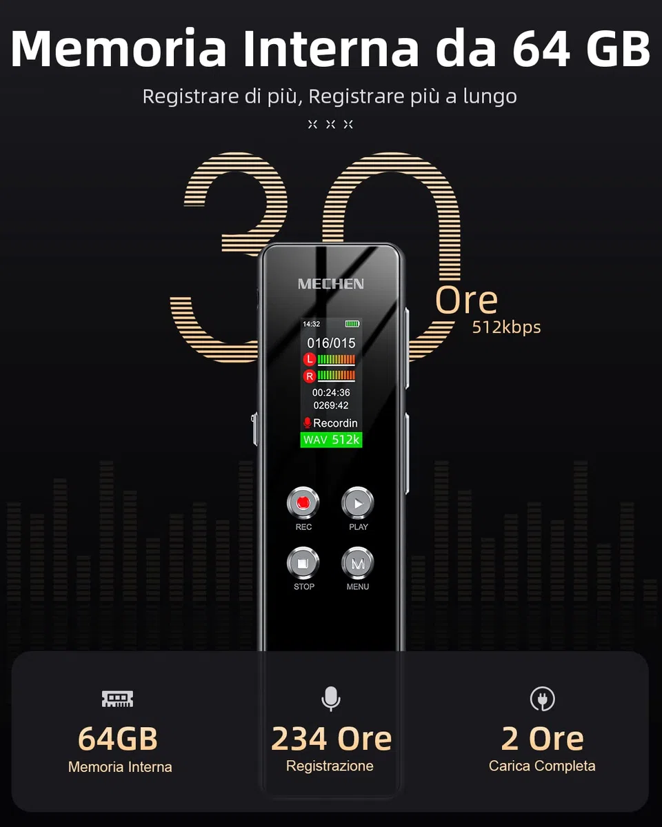 MECHEN 64GB Registratore Vocale Portatile, 1536Kbps VOR Registratore Audio, Solo Clic, Riproduzione MP3, per Lezioni Riunioni (64, GB)