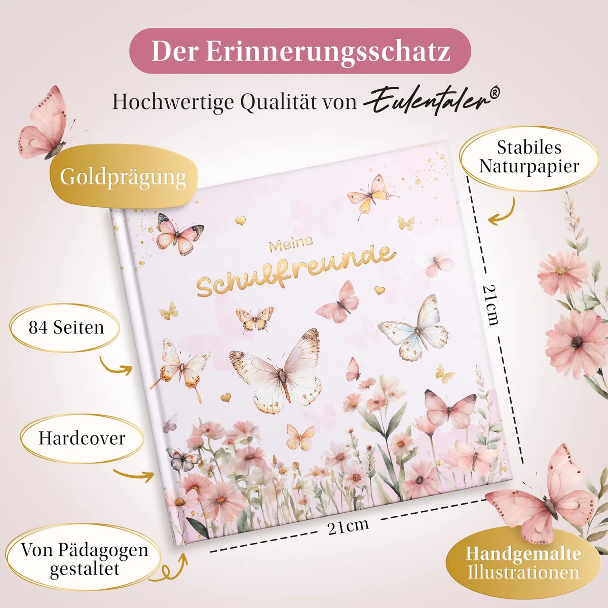 EULENTALER Il libro degli amici della scuola per ragazze, farfalle, disegnato da educatori, farfalle e fiori dipinti a mano, regalo per l'inizio della scuola, goffratura oro, libro degli amici della