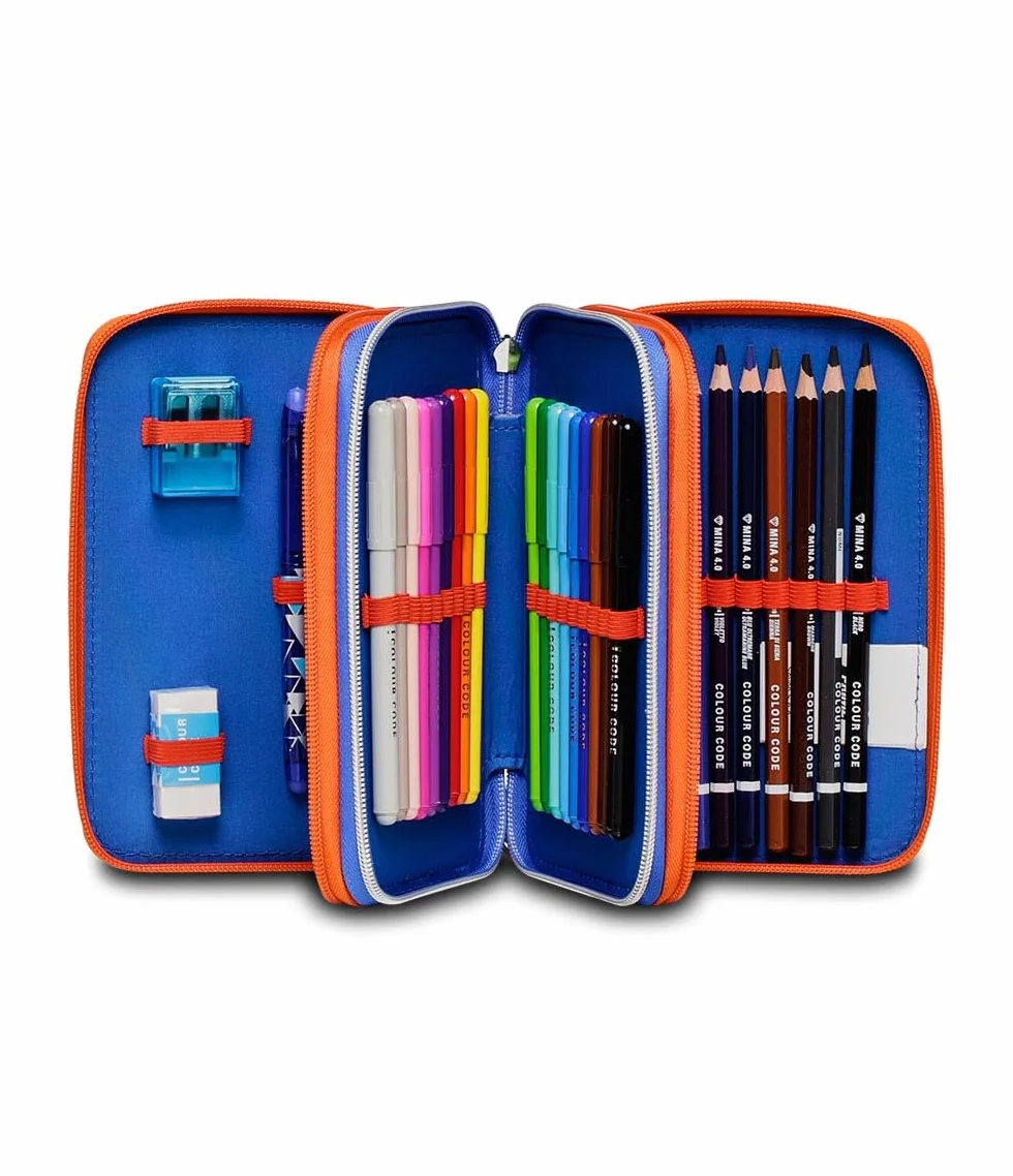 Seven Sonic Astuccio Scuola Elementare 3 Scomparti, COME AND GET ME, Blu Rosso, Contenuto 43 pz, Completo di Matite, Penne, Pennarelli, Portapenne Scuola Bambino Elementari