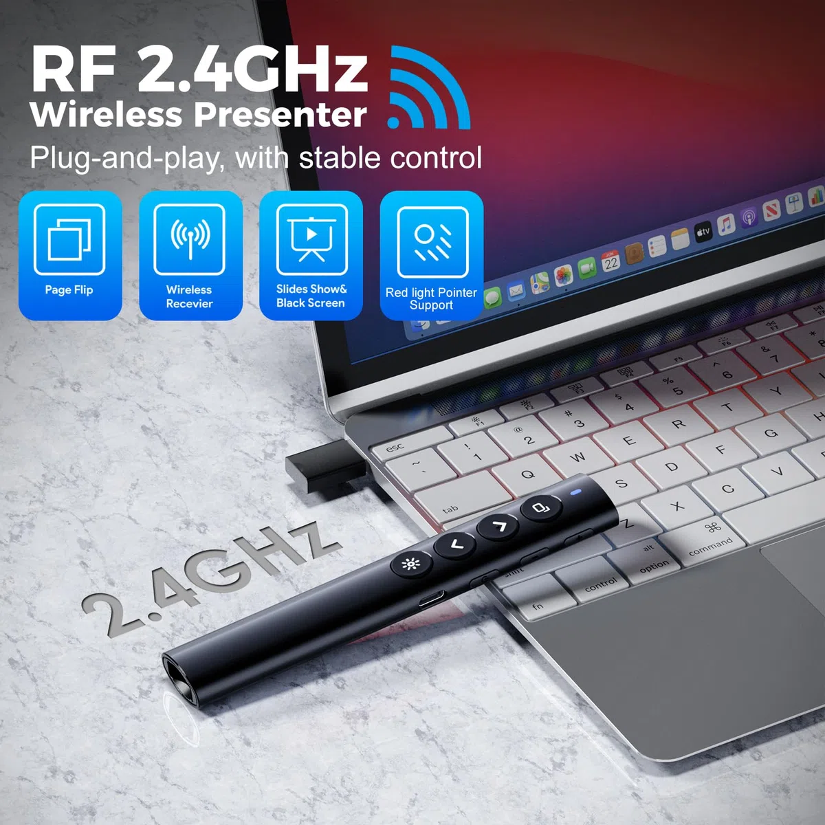 Telecomando di presentazione senza fili – Puntatore ricaricabile in lega di alluminio con luce rossa, ricevitore USB, controllo volume, collegamenti e diapositive, per Windows e Mac, nero