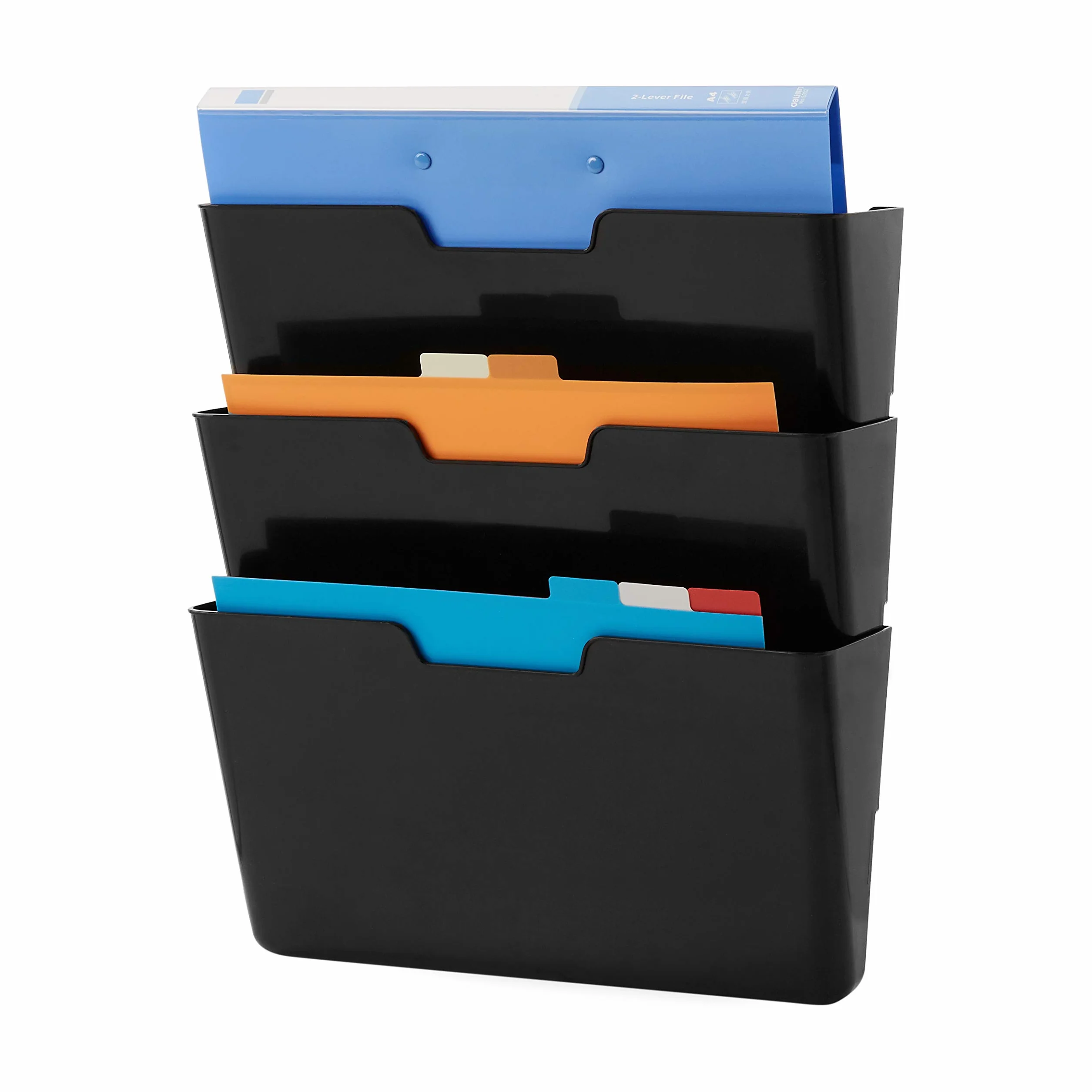 Amazon Basics Organizer a 3 ripiani da muro, conf. da 3, Formato per fogli A4, misure 33 x 38 cm, Nero