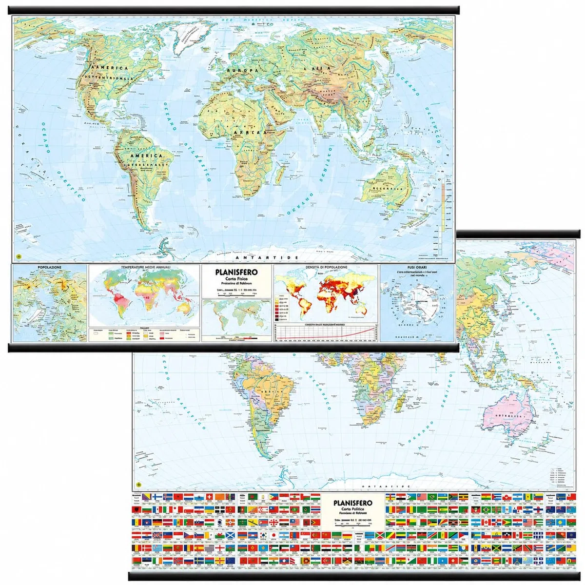 Belletti Carta Murale MONDO Scolastica con Bandiere 132x99 cm, Planisfero da Parete Bifacciale Fisico e Politico, Plastificata Antiriflesso con Aste in PVC