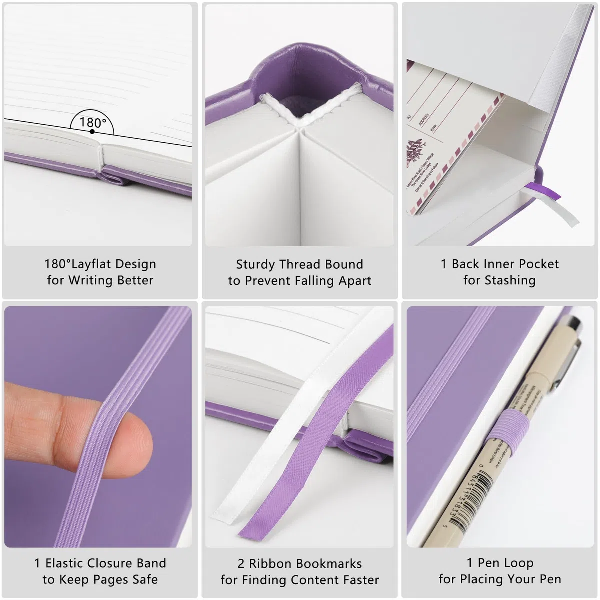 Quaderno a righe formato A4, grande blocco notes con copertina rigida e 320 pagine di carta spessa di alta qualità, senza trasparenza, giornali in pelle per donne e uomini, tasca interna, viola
