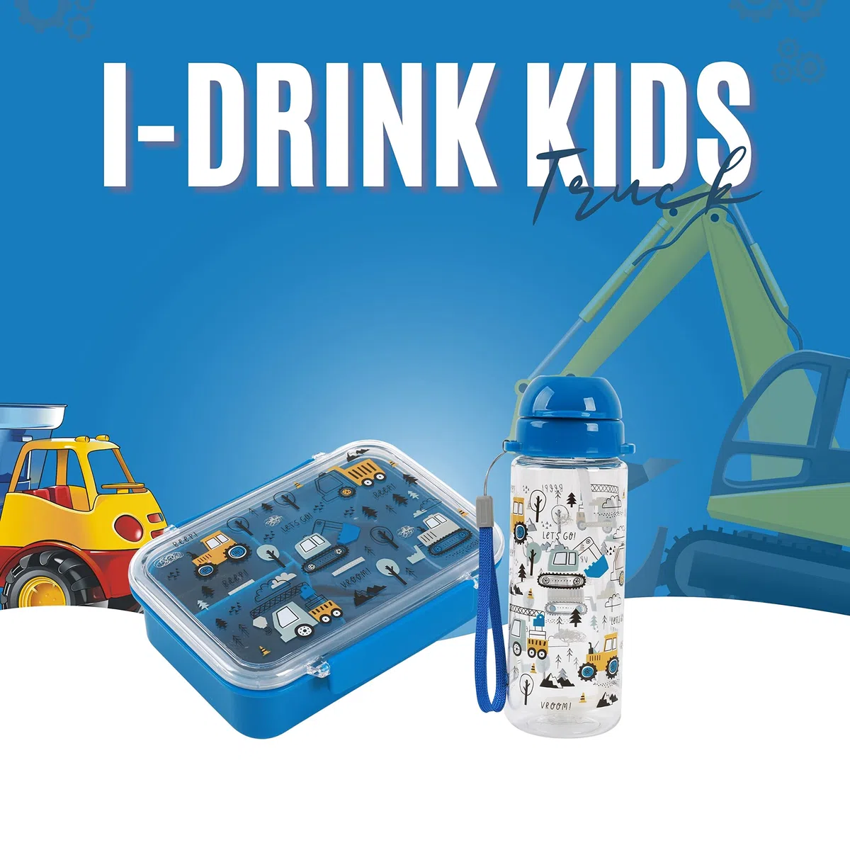I-Drink – Bundle Lunch box + Borraccia Tritan 400ml, per Bambini, Porta Merenda, Picnic, Scuola, Senza BPA, con Disegni di Infanzia (Truck)
