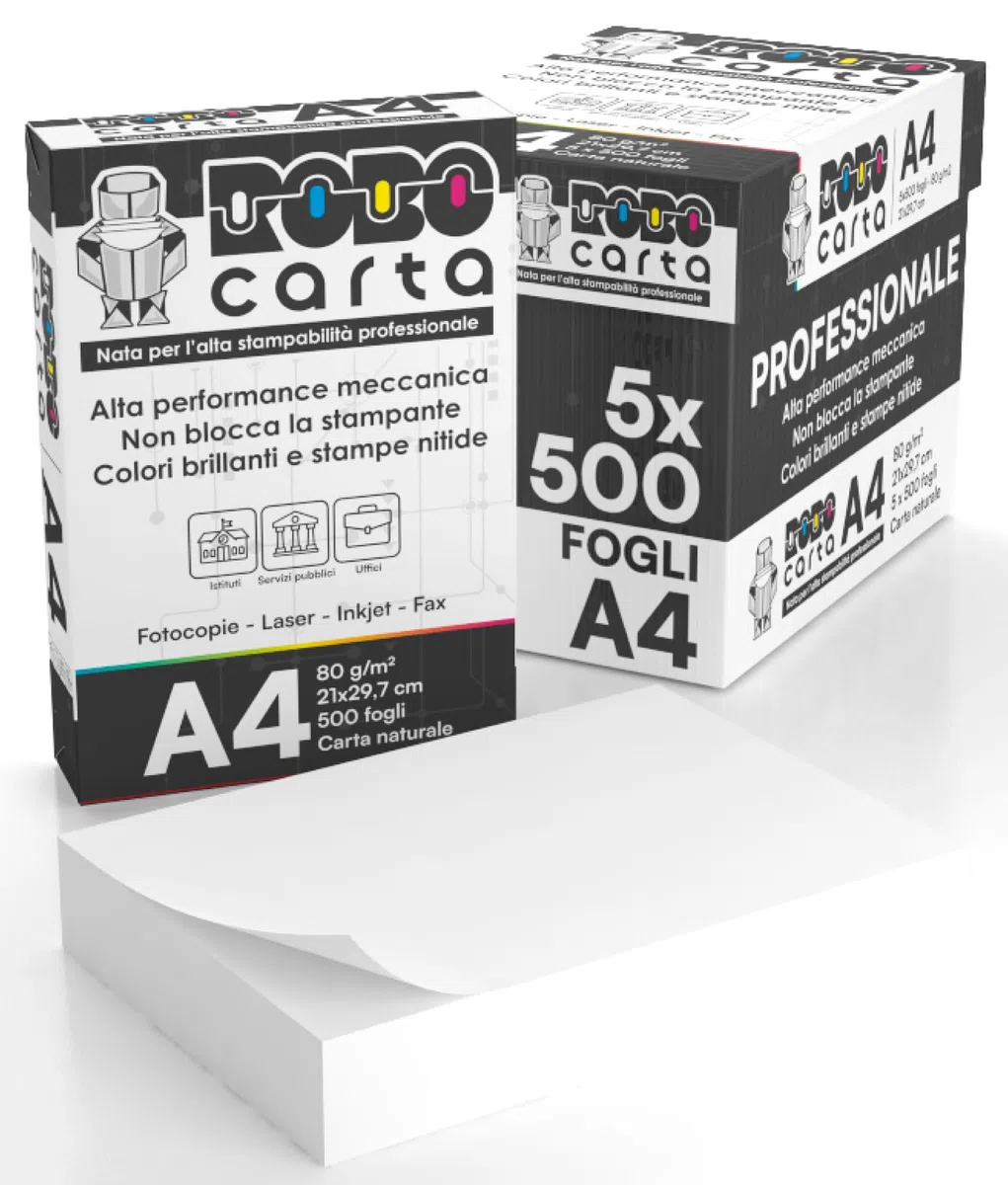 Carta A4 Economica per Stampante, 5 Risme da 500 Fogli - 2500 Totali, RoboCarta da 80gr per Ufficio, Fotocopie, Multiuso