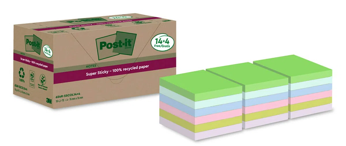 Post-it Foglietti Super Sticky Riciclati,14 Blocchetti + 4 GRATIS/Confezione,70 Fogli per Blocchetto, 76 mm x 76 mm,Rosa, Verde, Blu, Viola, Giallo Foglietti Super Adesivi in carta riciclata al 100%
