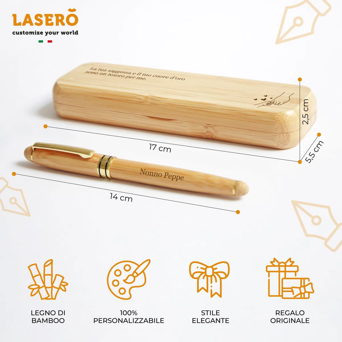 LASERO' Penna Stilografica Personalizzata in Legno con Astuccio – Penne Personalizzate con Scritta e Logo + Dedica sul Box - Regali Personalizzati