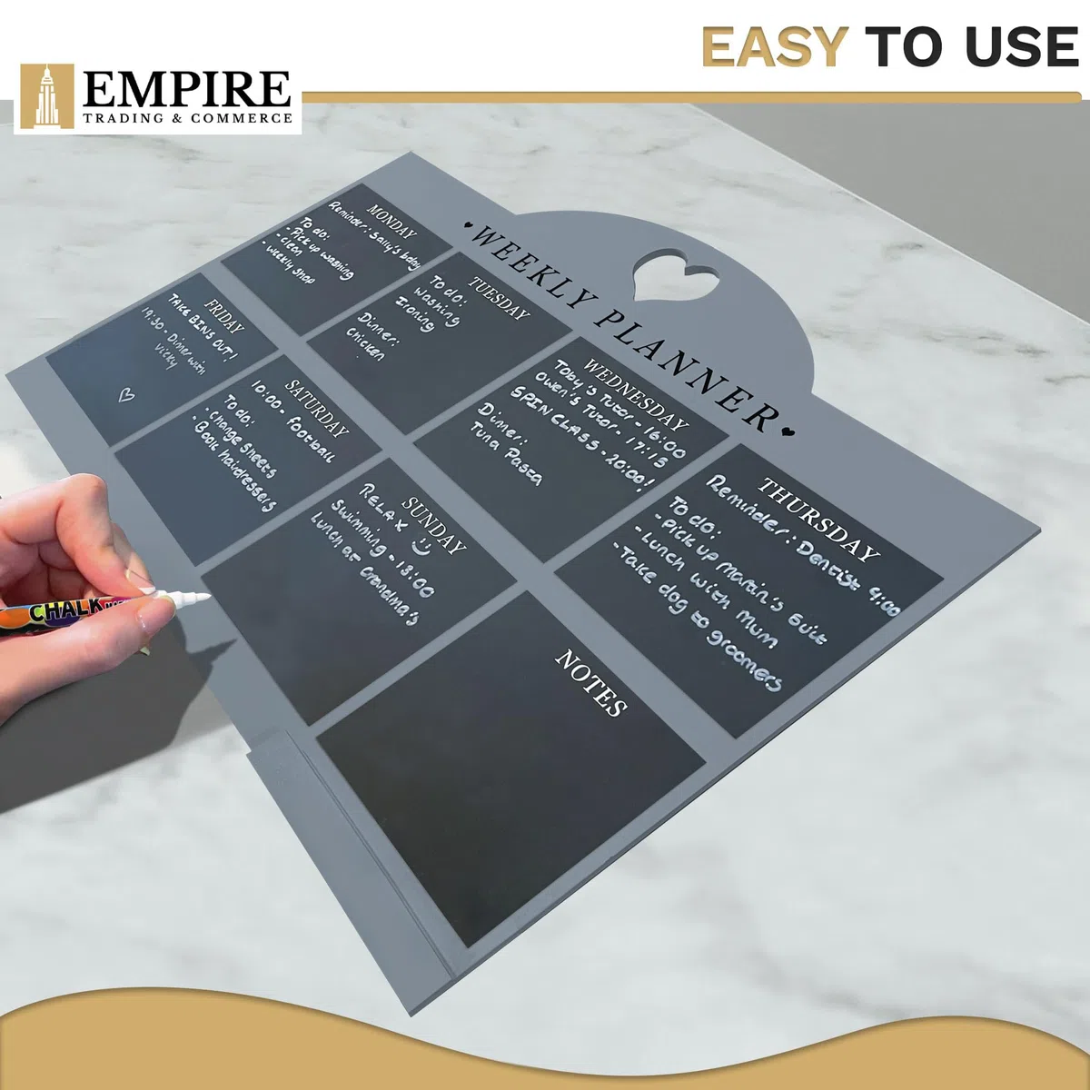 Empire - Agenda settimanale e menù per cucina, planner da lavoro, da parete, con penna, lista delle cose da fare, cancellabile a secco, con panno bianco, per ufficio e casa (standard, blu)