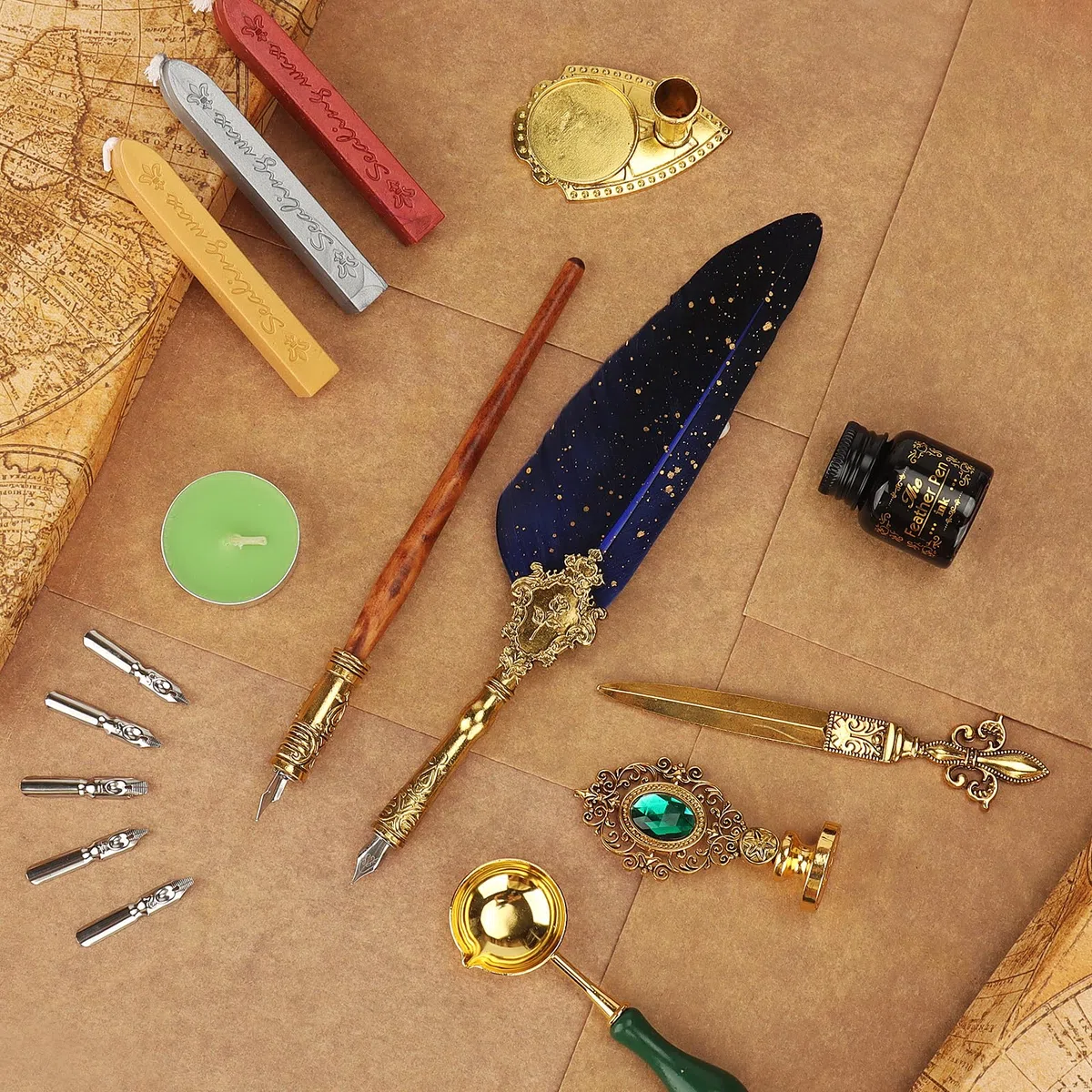 Set Inchiostro Penna Piuma,Penna a Immersione,Penna Calligrafica con Penna D'oca e Pennas di Legno,5 Pennini Ricambio,Portapenne,Timbro Sigillo,Inchiostro,Set di Scrittura per Idee Regalo