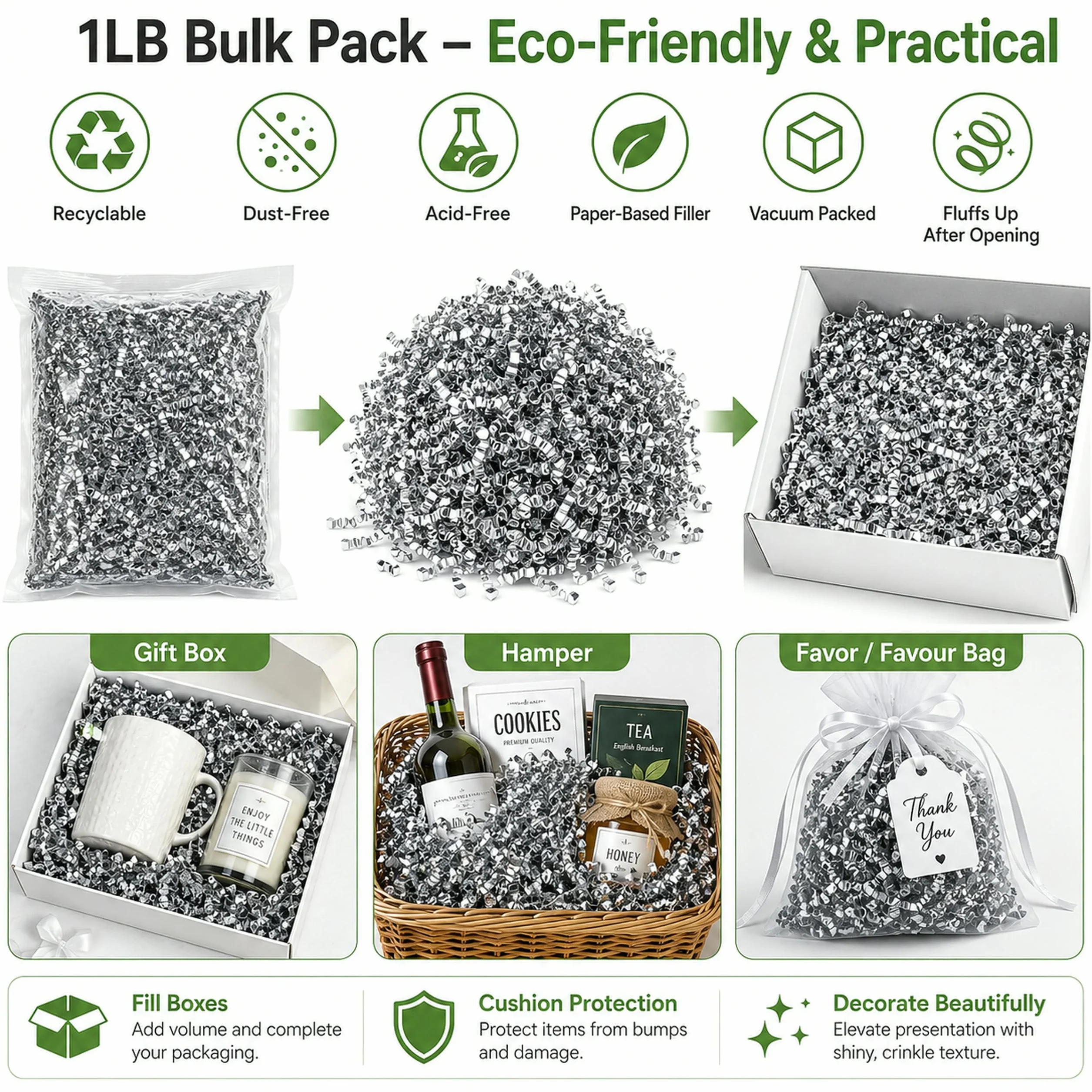 STRBOXONG 455g Carta Tagliuzzata per Regali, Riempitivo Scatole e Cesti, 1LB Paglia Crinkle Cut per Confezioni e Spedizioni, Protezione Estetica per Hamper, Pacchi e Feste - Argento (Bifacciale)
