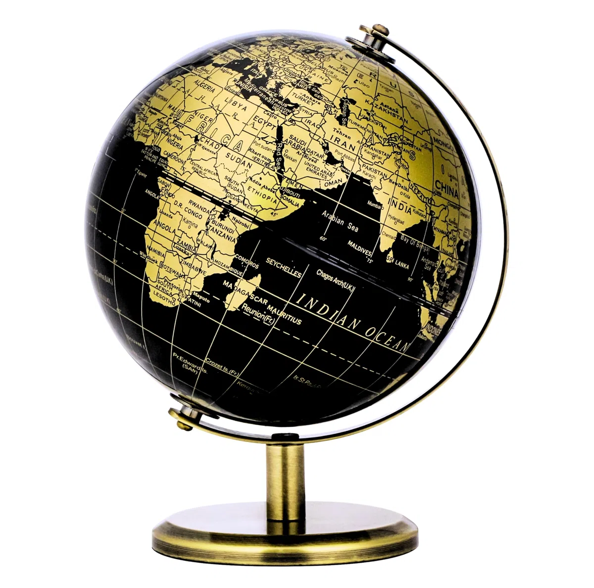 Exerz Mappamondo Nero e Oro 14cm, Mappa in Inglese,Mini Globo Geografico Educativo con Arco e Base in Bronzo, Elegante Decorazione e Strumento Didattico