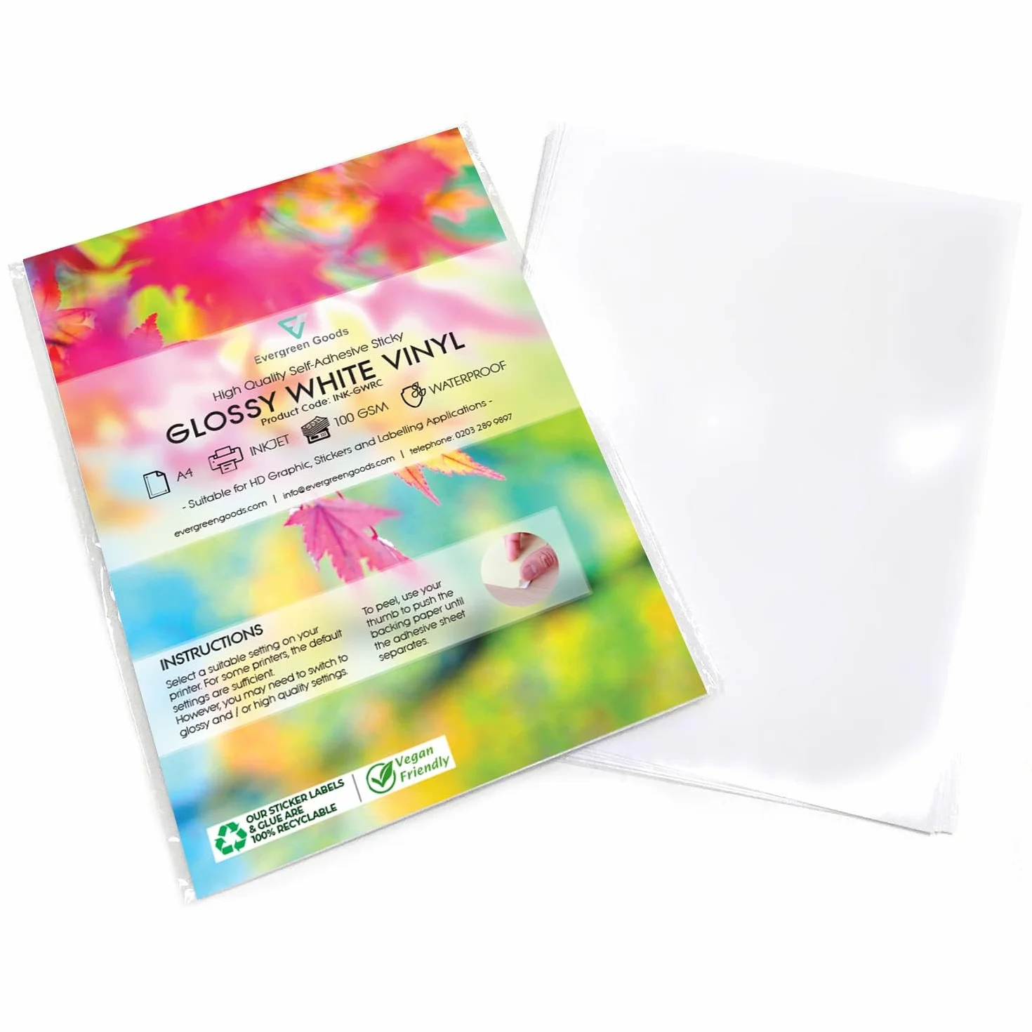 Evergreen Goods Ltd 50 fogli di adesivi Carta da stampa A4 impermeabile e autoadesiva Vinile PVC bianco lucido per stampanti a getto d'inchiostro Ideale per etichettatura e progetti creativi
