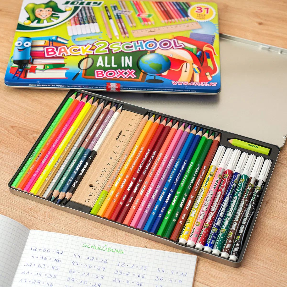 JOLLY Back to School Box, set di partenza per la scuola con 31 pezzi, incl. Matite colorate, pennarelli, matite in grafite, righello e gomma, colori vivaci e ricchi, robusta custodia in metallo