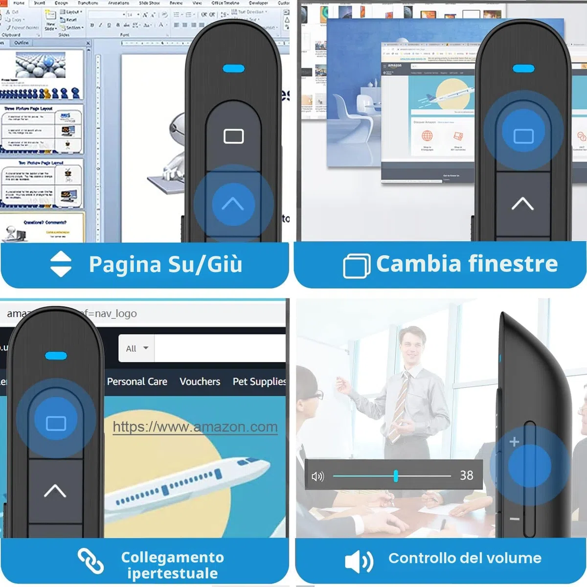 Puntatore Presentatore Wireless Presenter Ricaricabile Telecomando Presentazioni Powerpoint con Volume Collegamento Ipertestuale, Telecomando Slide PC Penna Presentazioni per Computer Mac