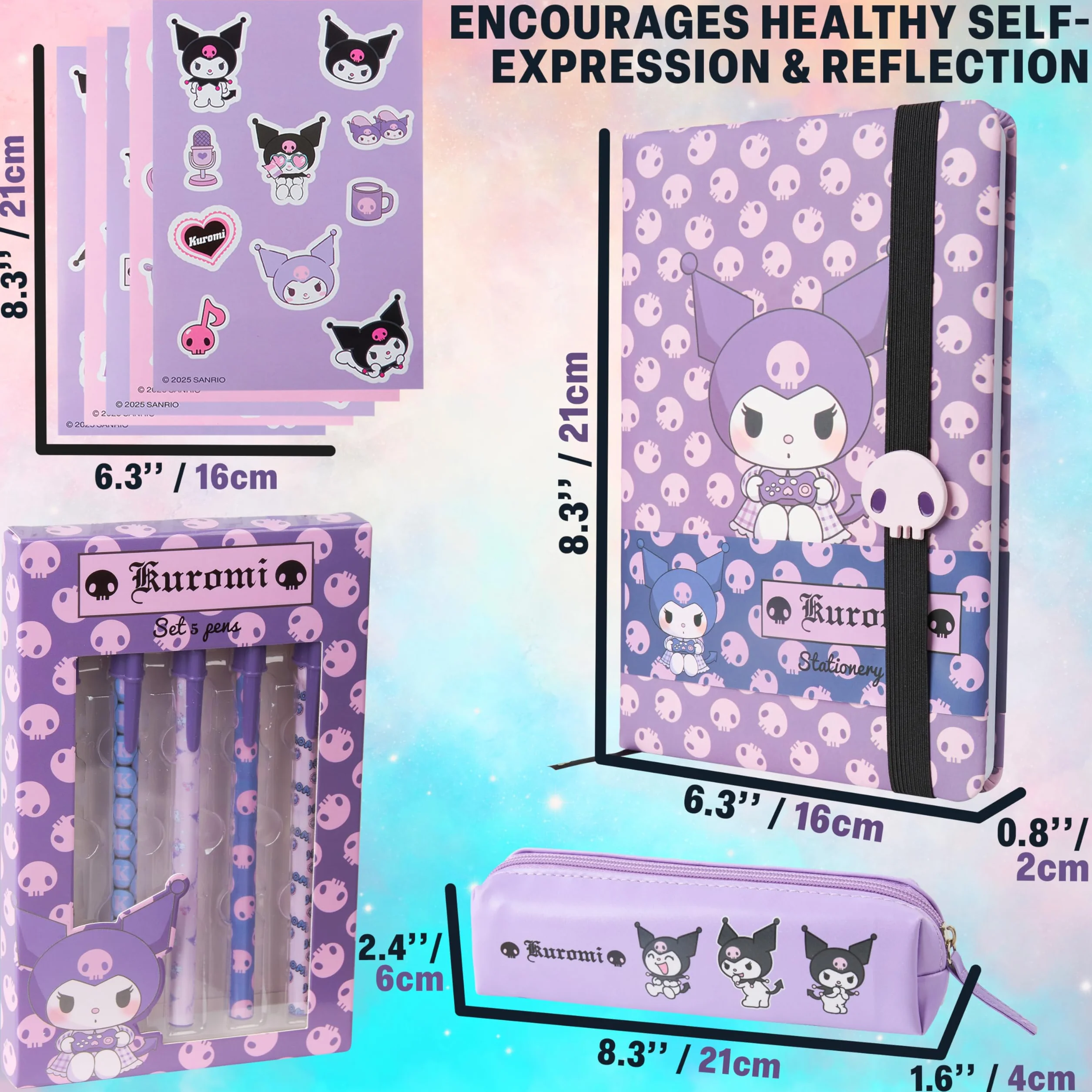 Get Trend Hello Kitty Sanrio Kuromi Set Cancelleria con Quaderno Diario Penna a Sfera Astuccio Matite Stickers Anime Materiale Scolastico e Ufficio (Viola Kuromi)