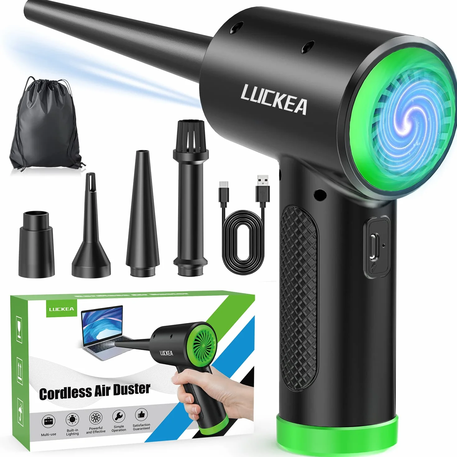 LUCKEA Elettrico Rimuovi Polvere Aria Compressa Senza Fili - 3 Velocità Compressore Aria Portatile Set di Pulizia per Computer, Laptop, Auto, Apparecchiature da Ufficio
