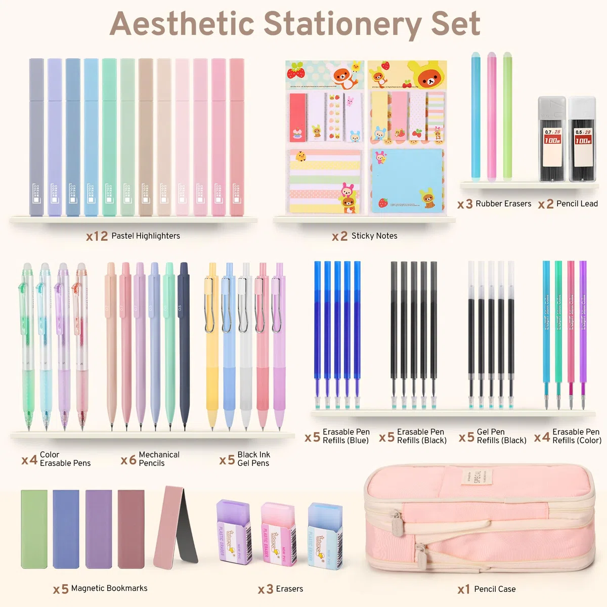 DazSpirit 62 Pezzi Set Cancelleria Estetico con Astuccio Pieghevole, 12 Evidenziatori Pastello, 4 Penne Cancellabili, 5 Penne Gel, 6 Portamine, Forniture Scolastiche per Ragazze e Adolescenti (Rosa)
