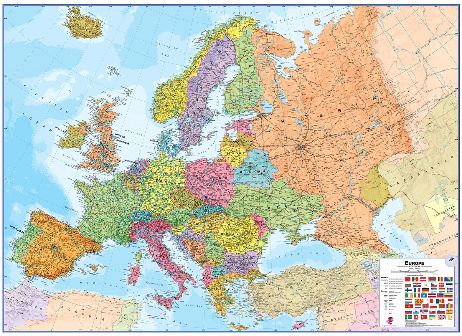 Cartina grande da parete dell’Europa (politica) Laminata 118.9 (l) x 84.1(a)cm