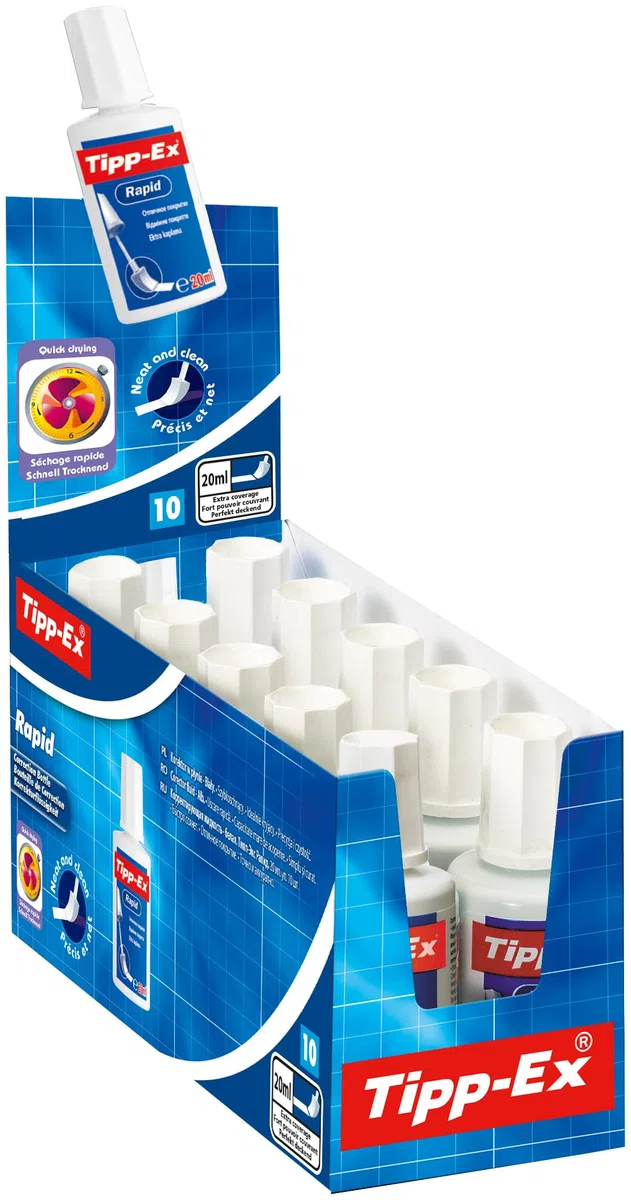 Tipp-Ex Bianchetto Liquido per Carta, Rapid, Confezione da 10 Correttori da 25ml, Cancelleria Scuola e Casa