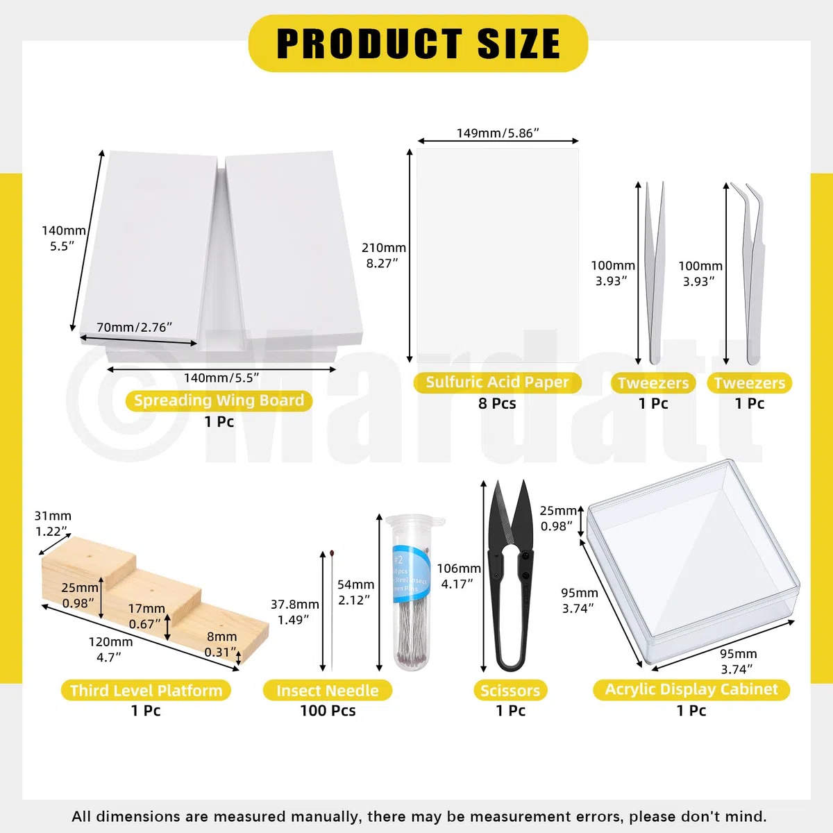 Mardatt Kit di strumenti per la realizzazione di campioni di insetti, kit per appuntare gli insetti con blocco per insetti, bacheca per insetti, spilli per insetti, carta per pressare le ali, custodia