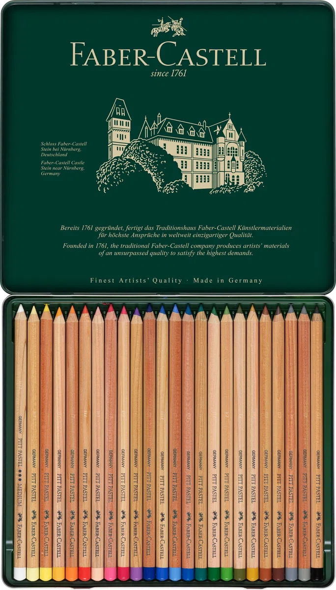 Faber-Castell 112124 - Matite colorate Pitt pastel, 24 matite colorate per artisti in astuccio di metallo, colori a prova di sbavature