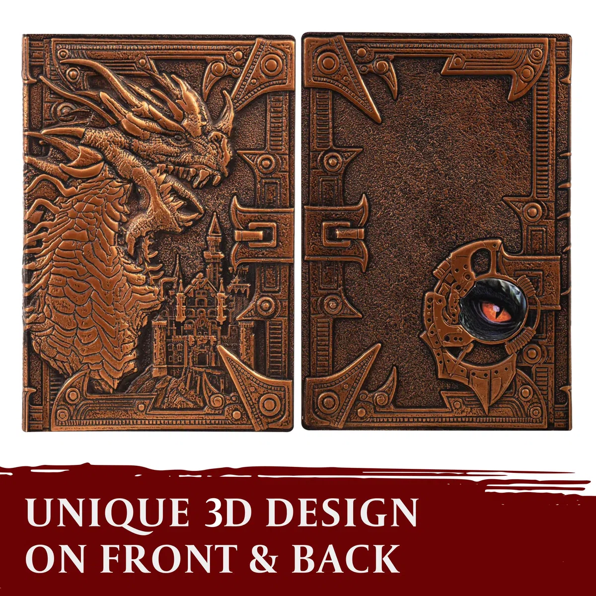 DND Notebook/Taccuino/Diario, 200 Pagine, Copertina in Ecopelle Goffrata con Drago di Bronzo 3D, con Penna, Ideale per Dungeons & Dragons/D&D/GDR/RPG, Regalo Nerd Fantasy DM e Giocatori, Uomini/Donne