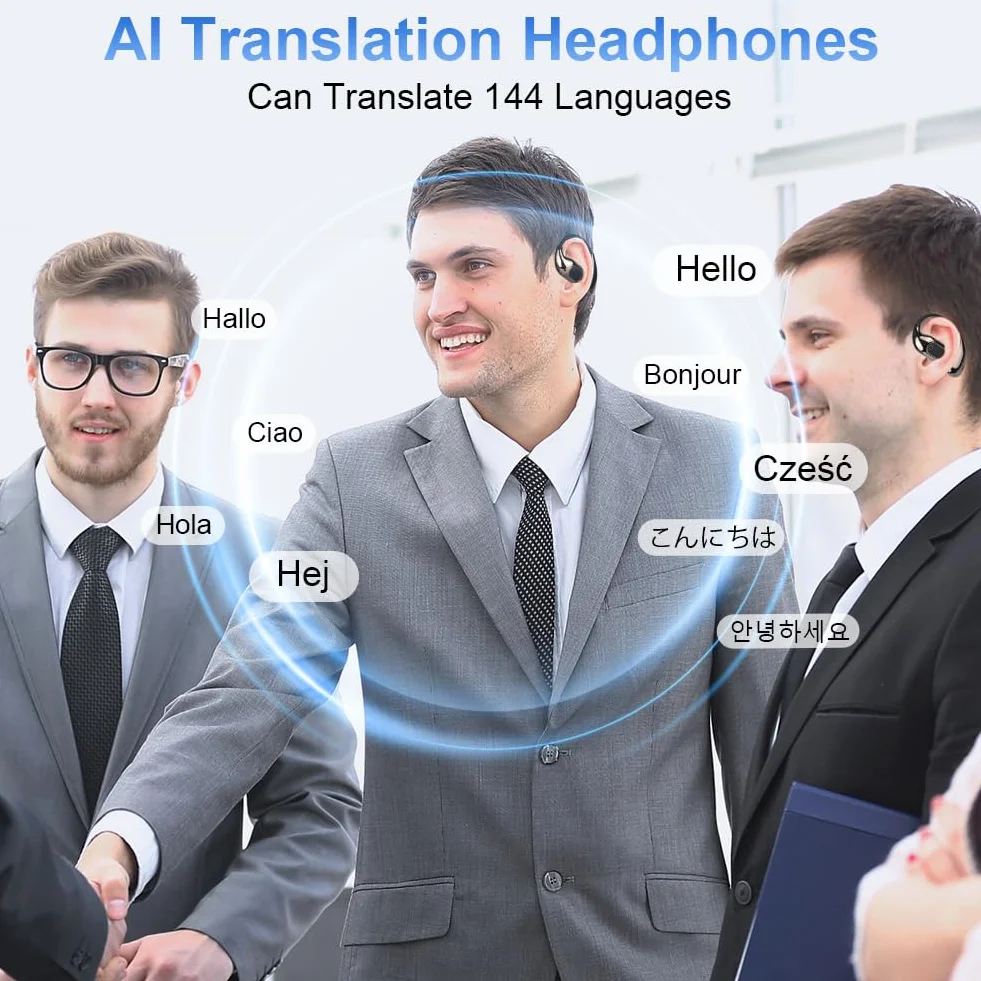Auricolari Traduttori Linguistici, Buletooth 5.4 AI Cuffie Traduzione, Auricolari Traduttori Supporto Traduzione in 144 Lingue in Tempo Reale per Viaggi D'affari e Apprendimento