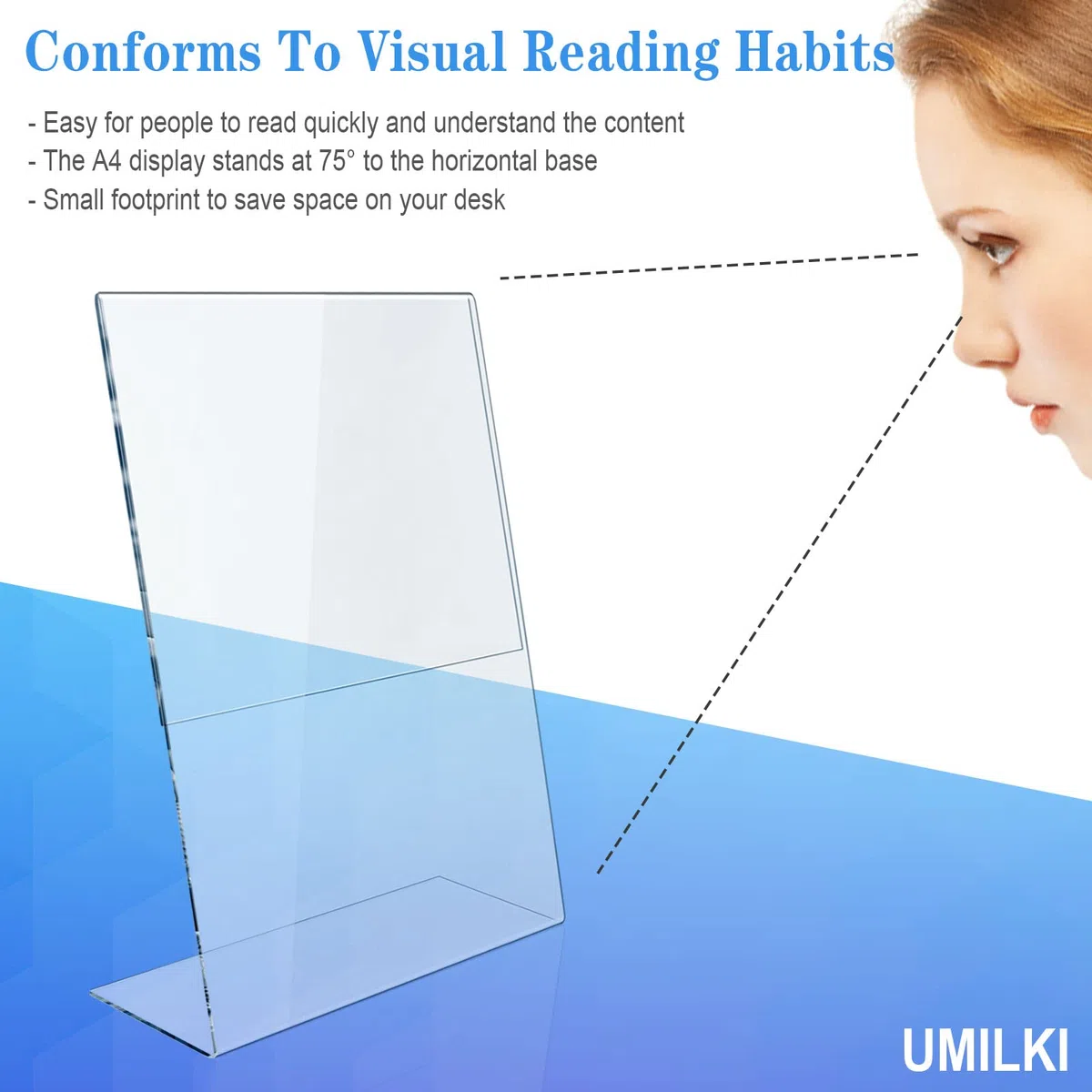 UMILKI 5 Pezzi Espositore Plexiglass A4, Espositore da Tavolo A4 con Base a L, Porta Menu da Tavolo in Acrilico, Porta Avvisi da Tavolo per Menu, Foto, Prezzi, Poster, Trasparente