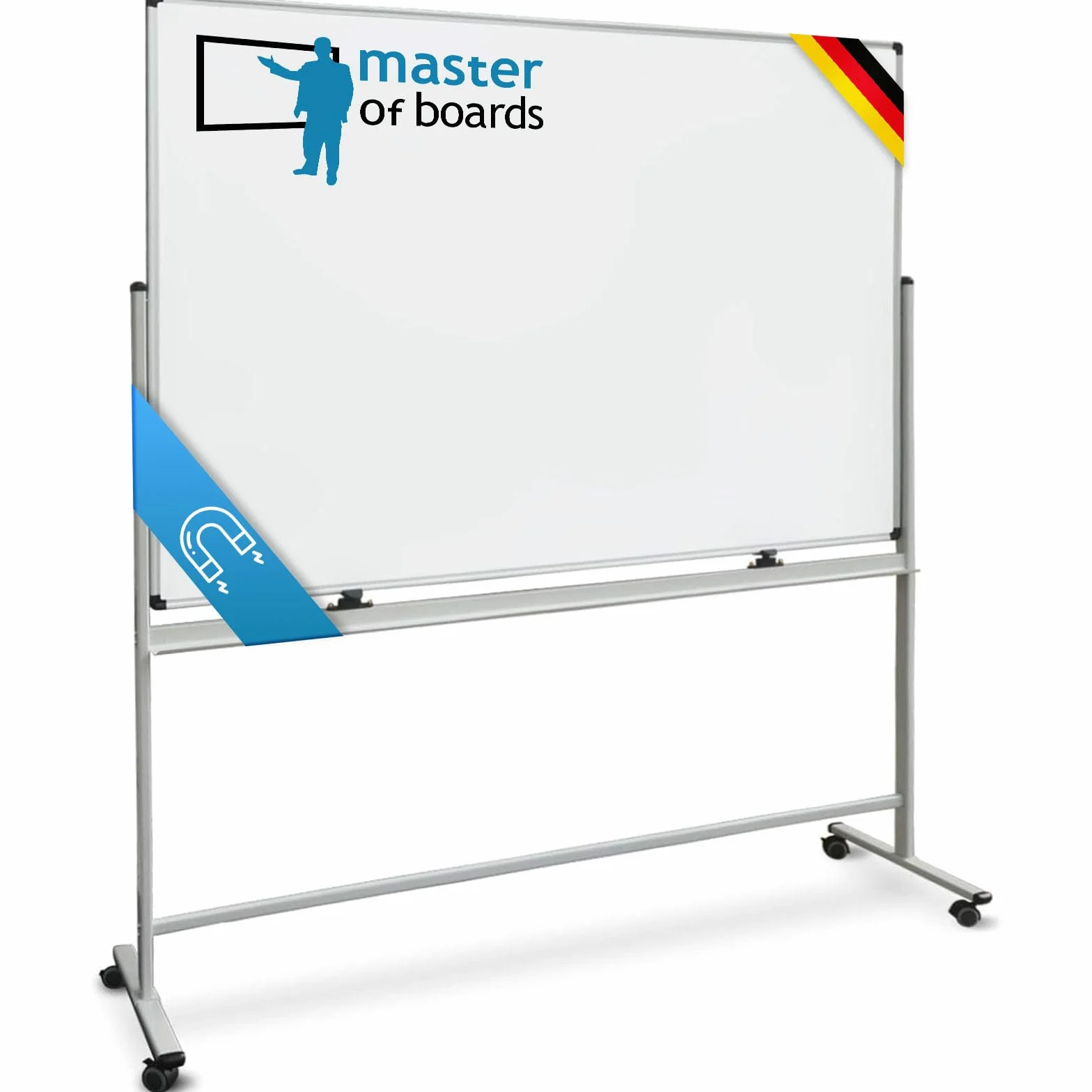 Lavagna magnetica mobile, con telaio e superficie con vernice protettiva, ruote girevoli 120x220 cm bianco