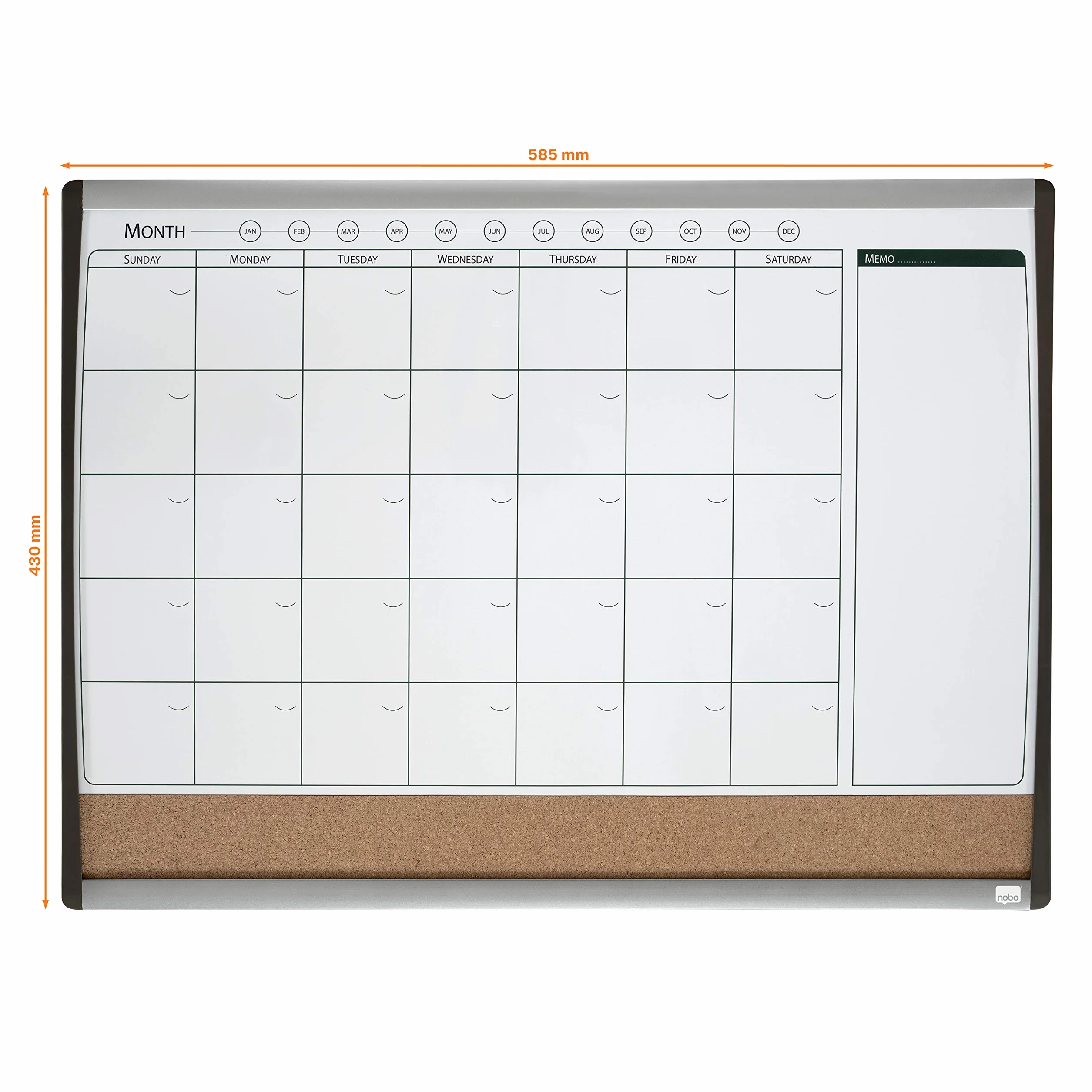 Nobo Piccola Agenda Settimanale e Mensile / Lavagna Magnetica con Bacheca in Sughero e Cornice ad Arco, Montabile a Parete, per Casa / Ufficio, 585 mm x 430 mm