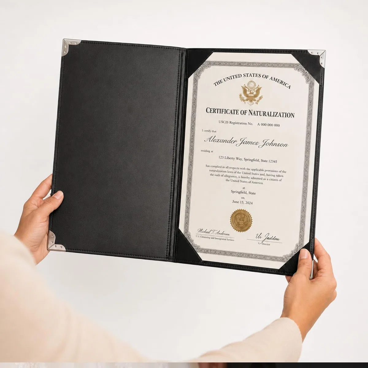 Porta certificato di naturalizzazione di alta qualità, 20,5 x 28,5 cm, copertina per diploma e certificato, con protezioni angolari in metallo argentato, porta certificato di matrimonio, cartella