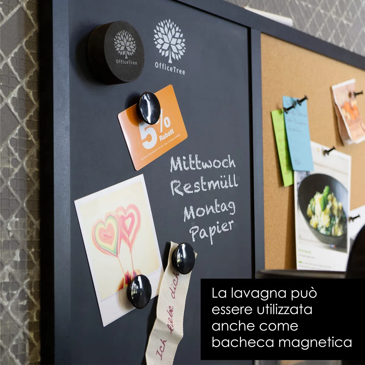 OfficeTree 60x40cm Lavagna magnetica da parete 2in1 Bacheca magnetica con lavagna sughero - Memo board con magneti, gesso e spugna
