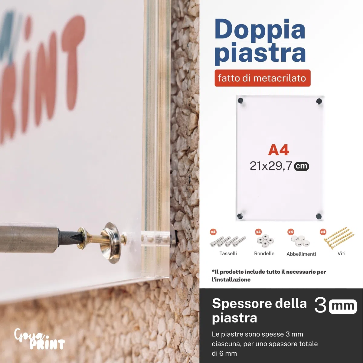 GOYAPRINT | Targa in Plexiglass Trasparente A4 3+3 mm – Doppia Lastra Acrilica con Distanziatori, Fissaggio a Parete per Documenti, Foto e Segnaletica (A4-21X29,7 CM, 3+3 MM)