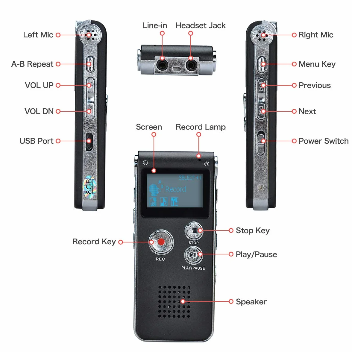 Portable Digital Voice Recorder Registratore Audio Audio Registratore Digitale LCD Lettore MP3-8GB ((Black)