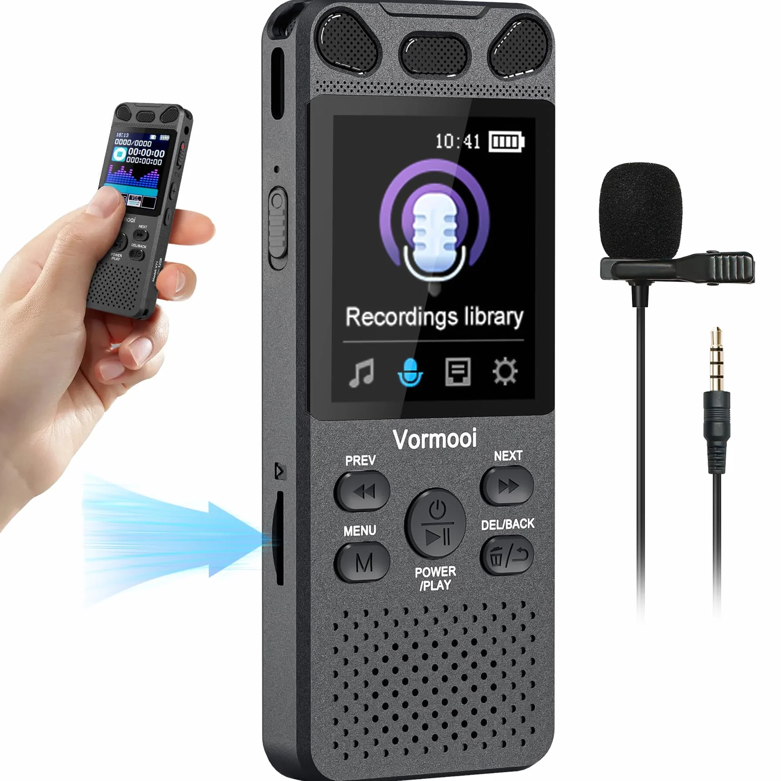 16GB Registratore Vocale Digitale 110 ore Registratore Audio Professionale con 2,15" Schermo Colori & Microfono Esterno, Vormooi Registratore MP3 Portatile con Attivazione Vocale per Lezioni Riunioni