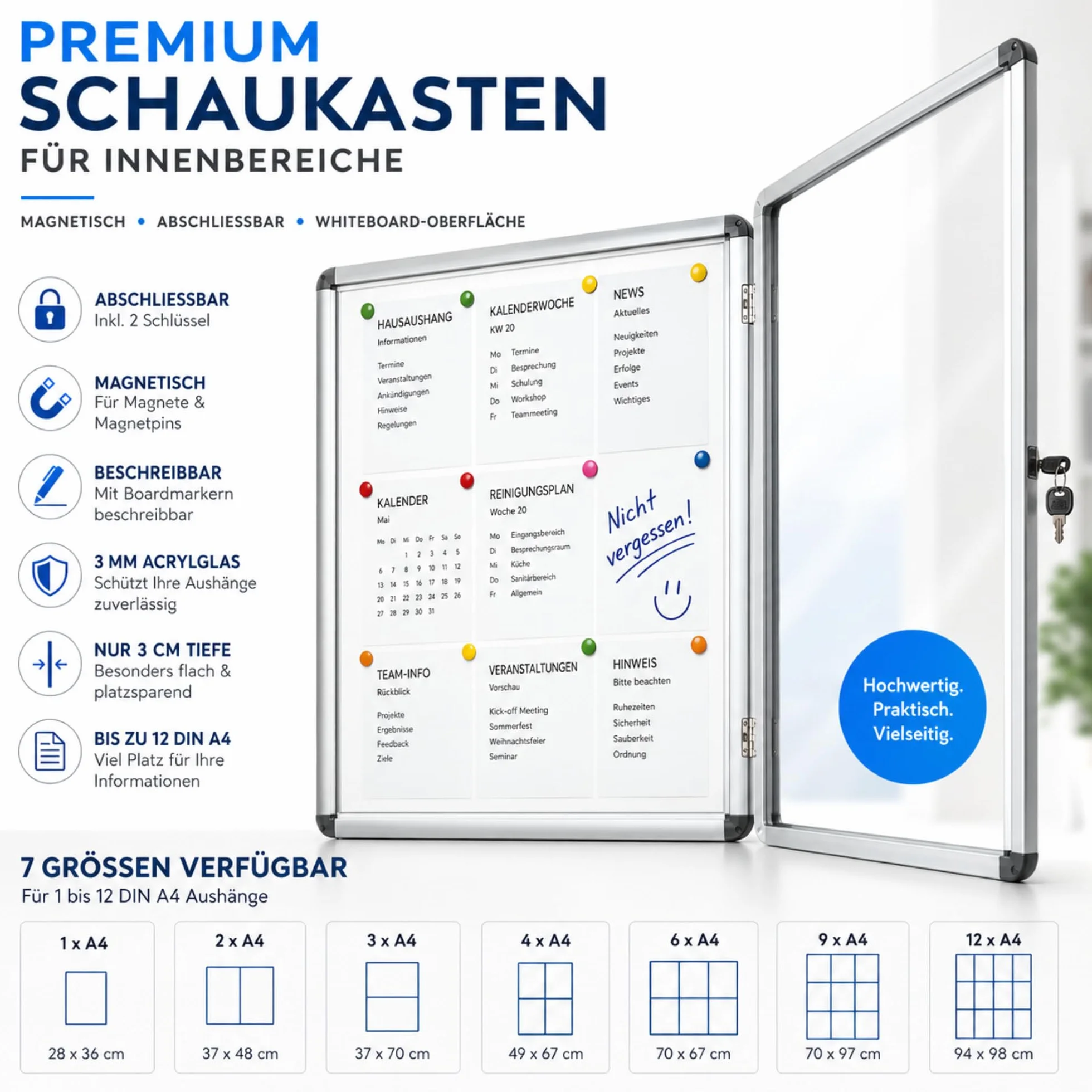 Floordirekt Vetrina 2 x A4 con 4 calamite, cassetta informativa, da appendere alla parete posteriore magnetica e scrivibile, con telaio in alluminio e vetro acrilico
