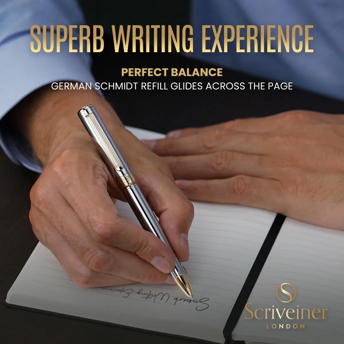 Scriveiner Pen, Splendida Penna a Sfera Cromata Silver, Finitura Placcato in Vero Oro, Refill Inchiostro Nero, Penne Eleganti, Professionali, da Ufficio, Idee Regalo per Lui e per Lei