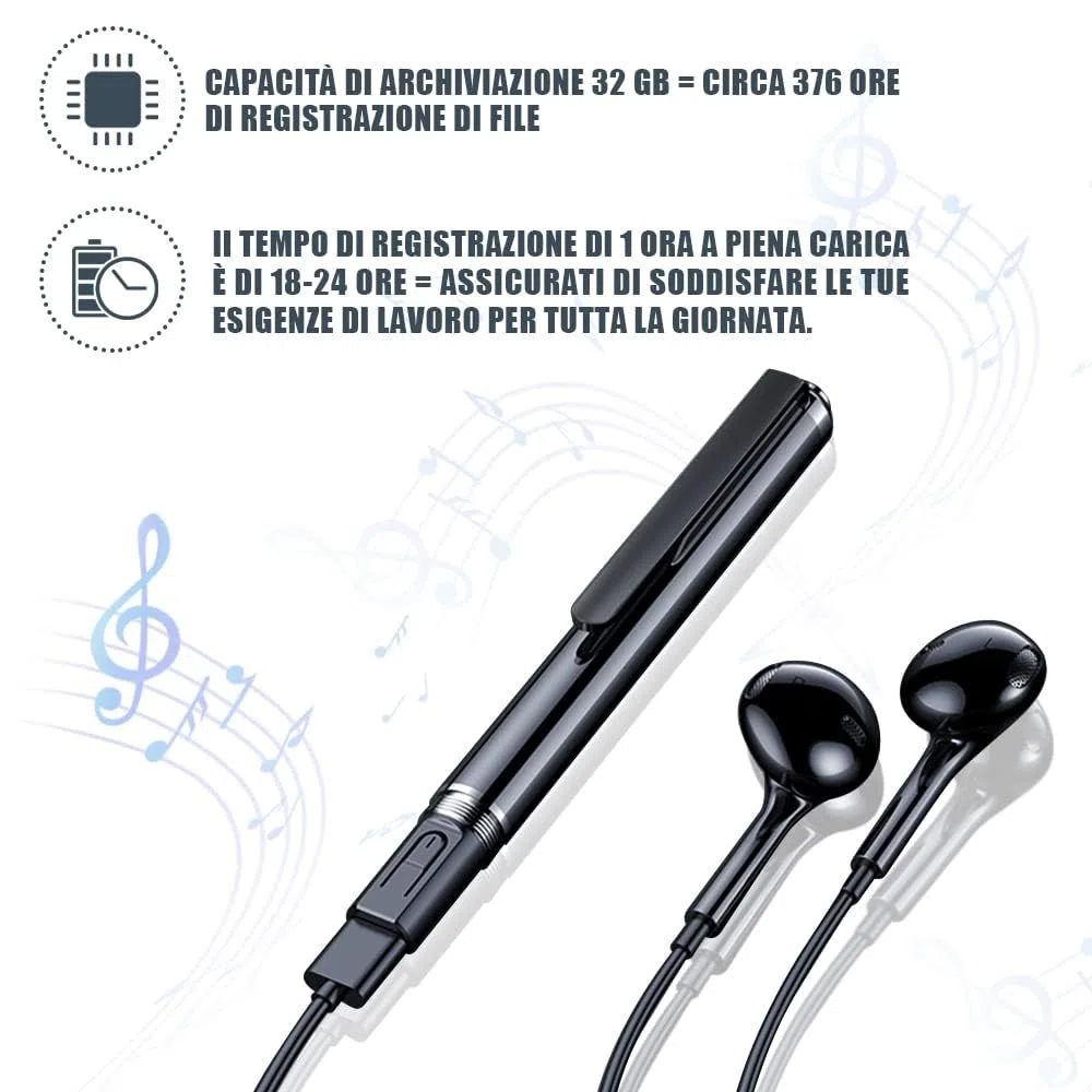 Penna Registratore Vocale 32GB HD - Mini Registratore Portatile Ricaricabile per Conferenze, Riunioni, Interviste & Concerti - Attivazione Vocale & Riproduzione MP3
