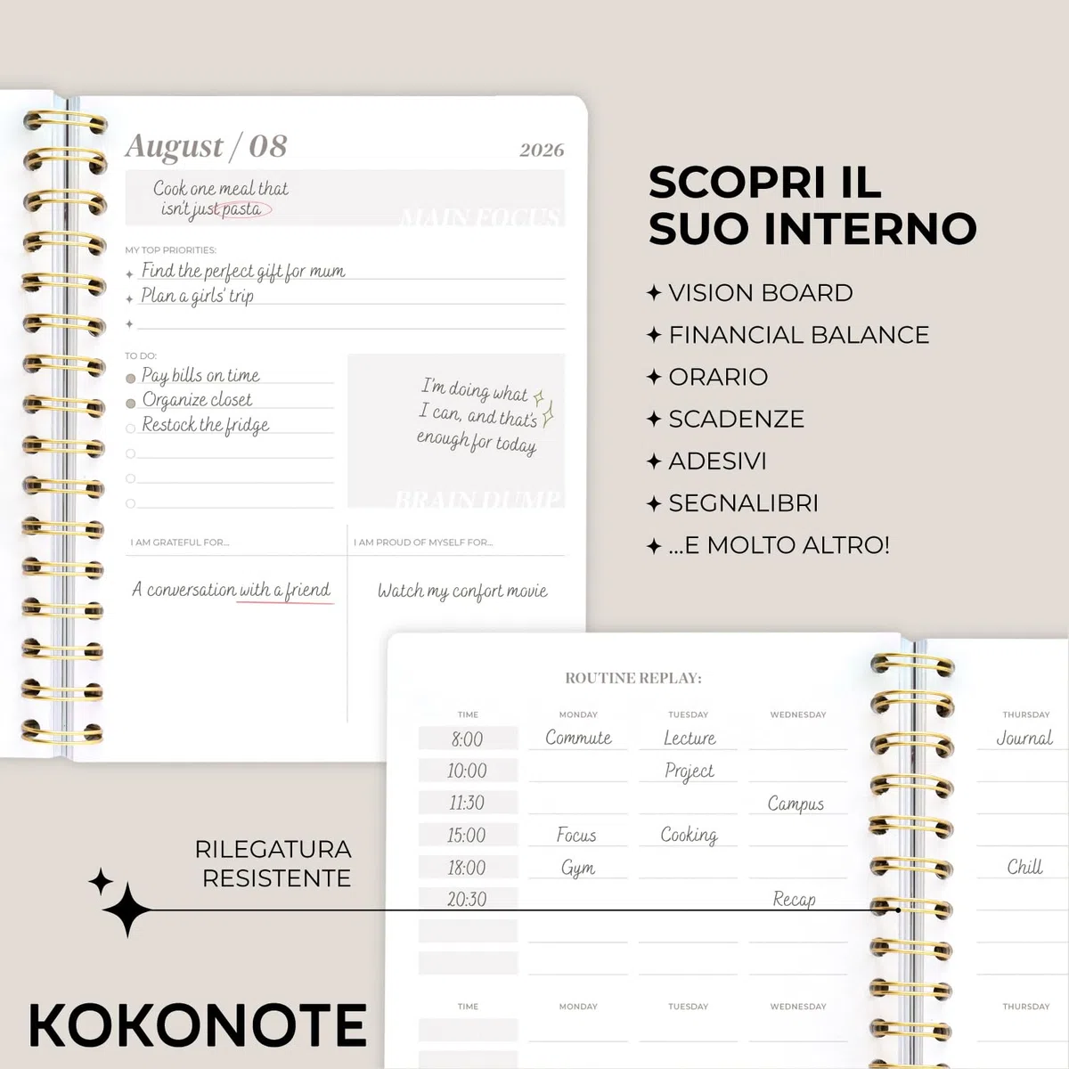 Kokonote Agenda Settimanale 2026 2027 Blossom - Diario Scoula 2026-2027 per Università e Scuola Superiore | Weekly Planner con Copertina Rigida, Segnalibri e Stickers (17x21,5 cm)